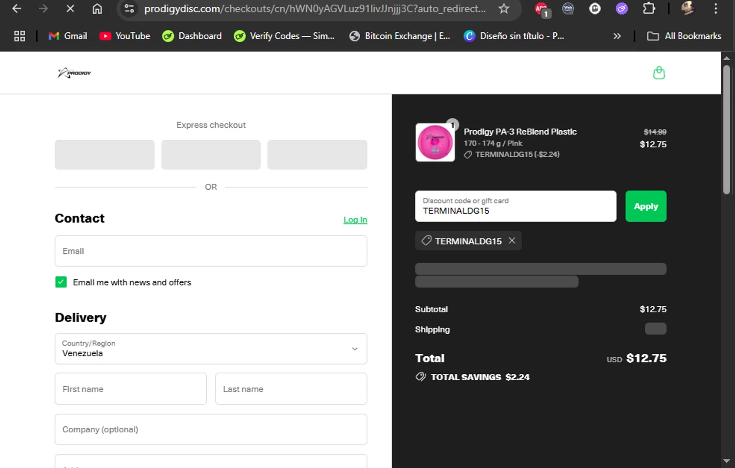Prodigy Disc discount code screenshot showing code TERMINALDG15 applied at Prodigy Disc checkout page. Uploaded by SimplyCodes community member LiShang on Jul 23, 2025