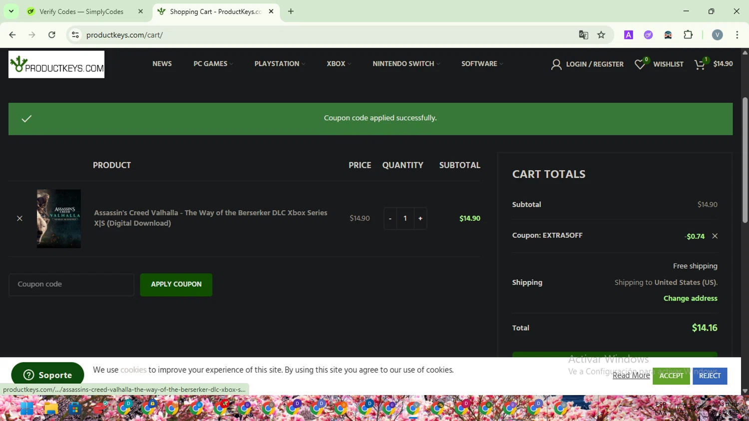 ProductKeys.com coupon code screenshot showing code extra5off applied at ProductKeys.com checkout page. Uploaded by SimplyCodes community member SwiftScout1619 on Jun 28, 2025