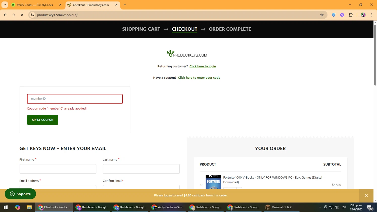 ProductKeys.com coupon code screenshot showing code member10 applied at ProductKeys.com checkout page. Uploaded by SimplyCodes community member Vanmanuel on Jun 28, 2025