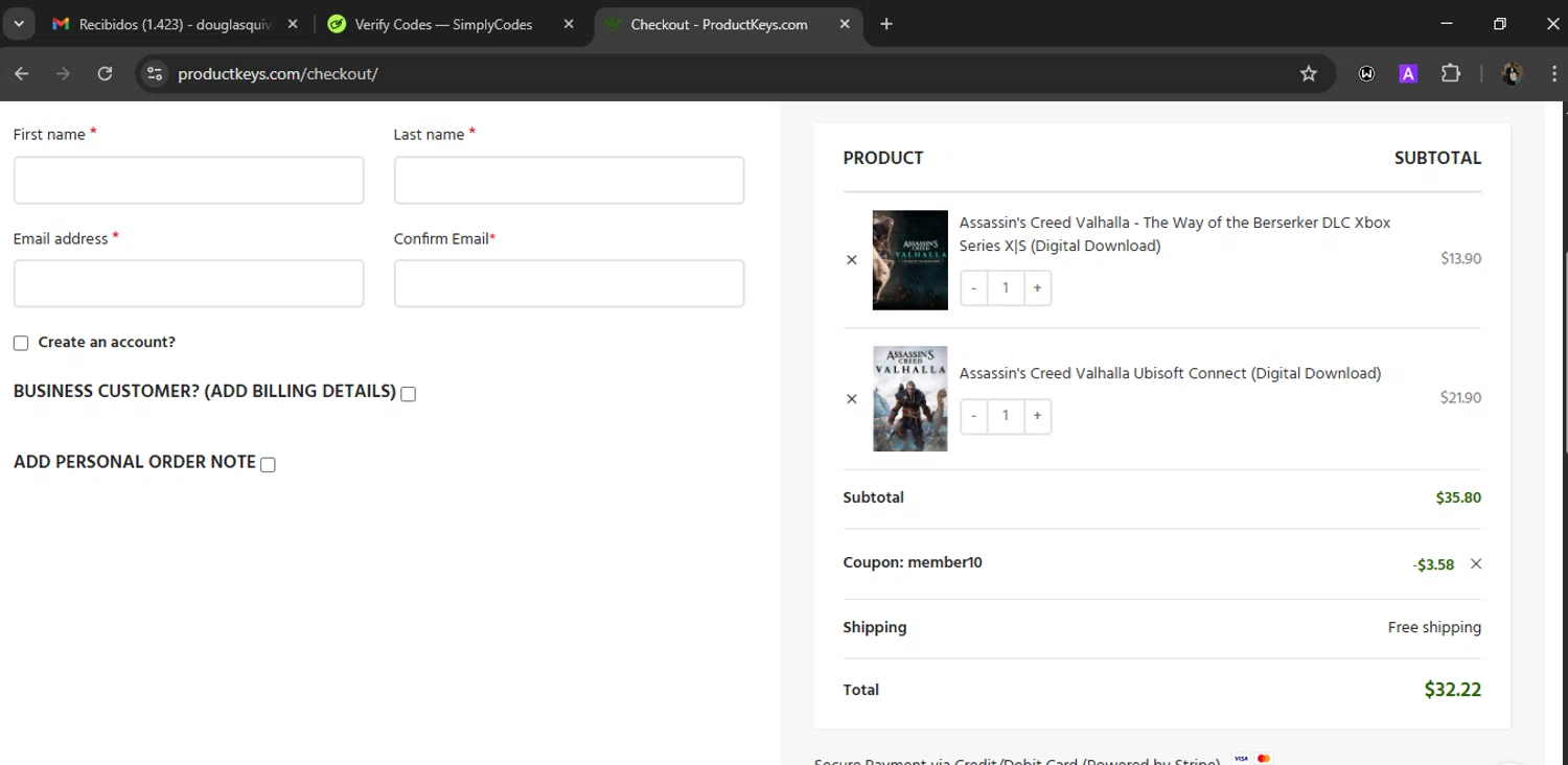 ProductKeys.com coupon code screenshot showing code member10 applied at ProductKeys.com checkout page. Uploaded by SimplyCodes community member WiseLegend5590 on Jun 21, 2025