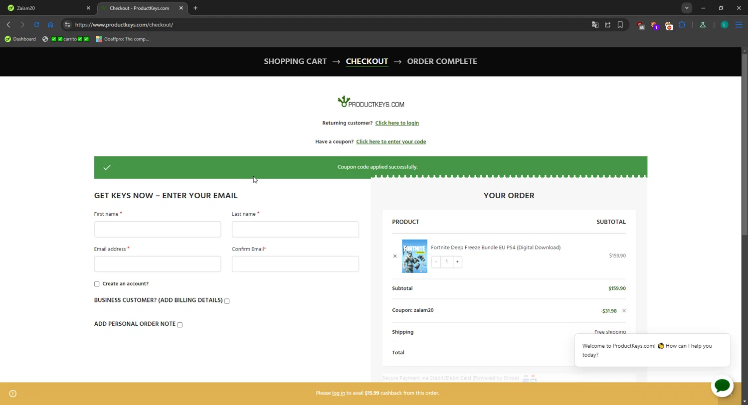 ProductKeys.com coupon code screenshot showing code Zaiam20 applied at ProductKeys.com checkout page. Uploaded by SimplyCodes community member CrownBoss2710 on Jan 4, 2026