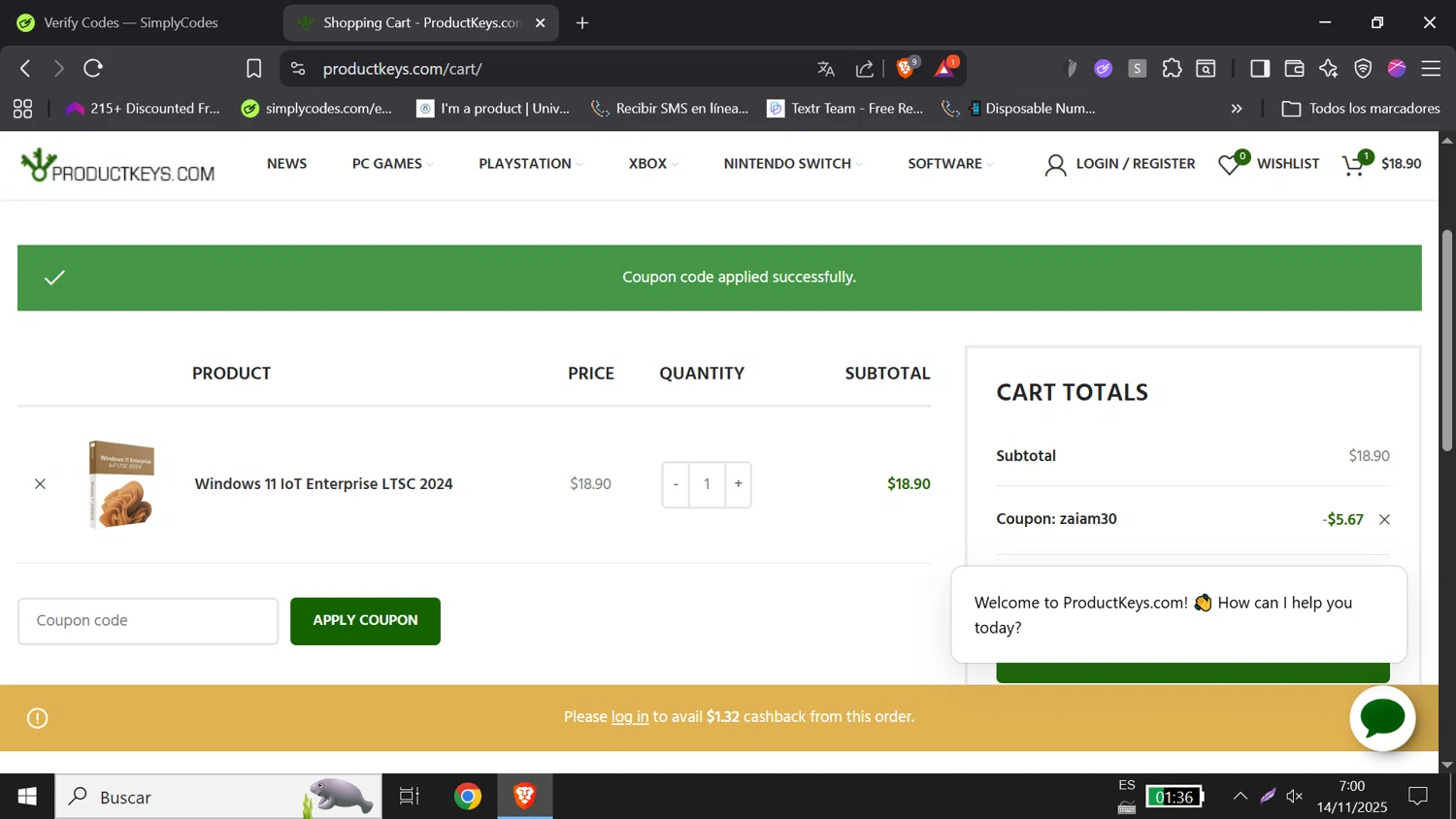ProductKeys.com coupon code screenshot showing code zaiam30 applied at ProductKeys.com checkout page. Uploaded by SimplyCodes community member DORIANGEL on Nov 14, 2025