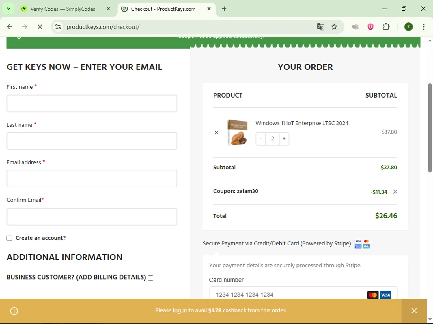 ProductKeys.com coupon code screenshot showing code zaiam30 applied at ProductKeys.com checkout page. Uploaded by SimplyCodes community member dolce_codmax213 on Nov 14, 2025