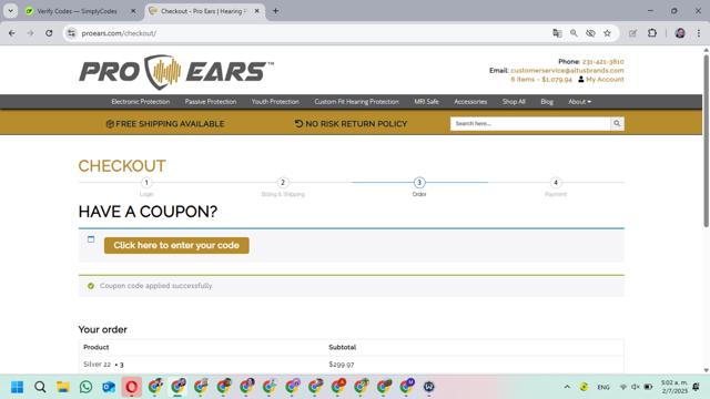 Pro Ears checkout page showing Pro Ears discount code box | Screenshot taken by SimplyCodes community member on Jul 2, 2025