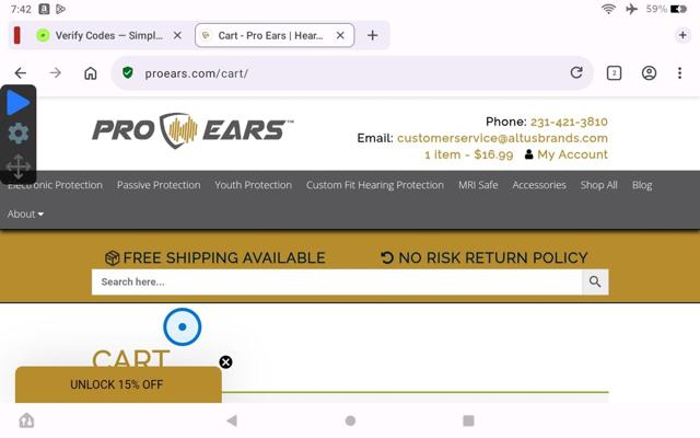 Pro Ears checkout page showing Pro Ears discount code box | Screenshot taken by SimplyCodes community member on Aug 29, 2025