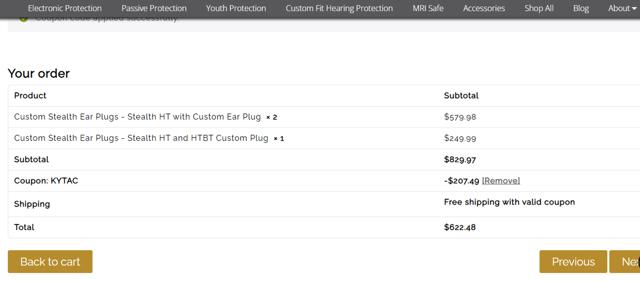 Pro Ears checkout page showing Pro Ears discount code box | Screenshot taken by SimplyCodes community member on Jul 31, 2025