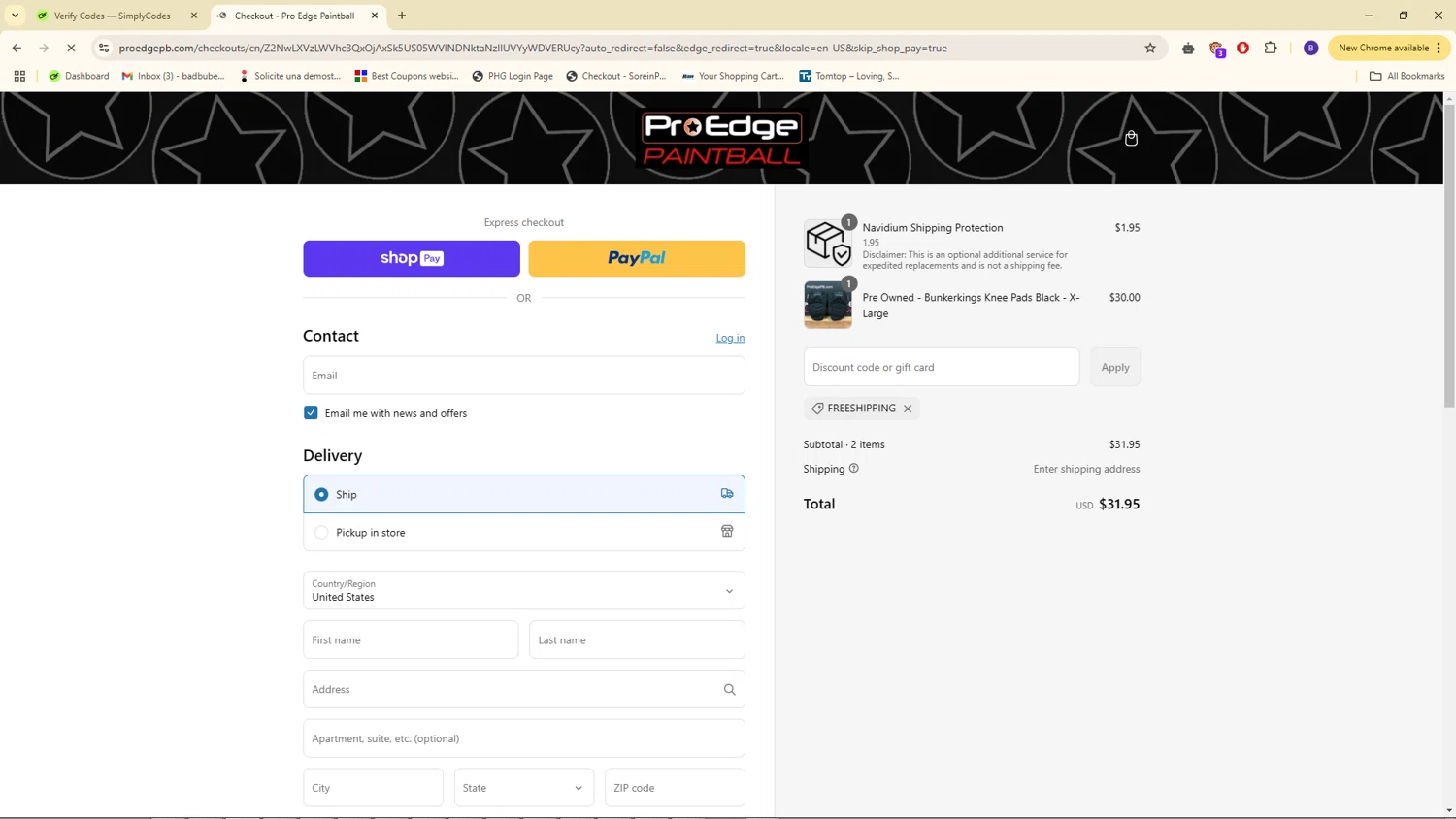 Pro Edge Paintball promo code screenshot showing code FREESHIPPING applied at Pro Edge Paintball checkout page. Uploaded by SimplyCodes community member WiseSeeker4854 on Mar 8, 2025
