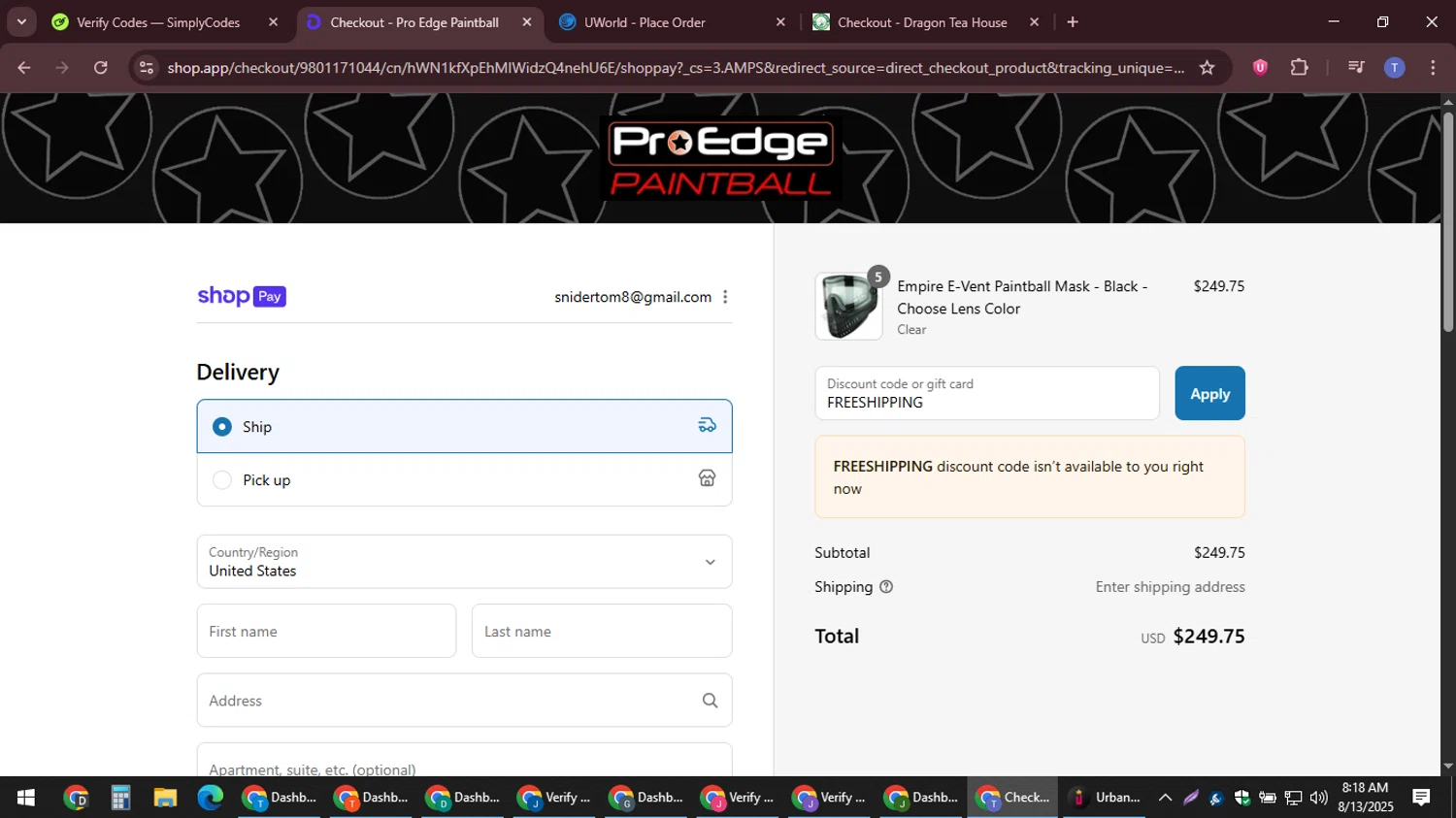 Pro Edge Paintball promo code screenshot showing code FREESHIPPING applied at Pro Edge Paintball checkout page. Uploaded by SimplyCodes community member snidertom8 on Aug 13, 2025