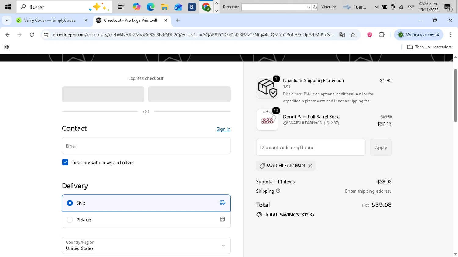 Pro Edge Paintball promo code screenshot showing code WATCHLEARNWIN applied at Pro Edge Paintball checkout page. Uploaded by SimplyCodes community member CleverFinder2843 on Nov 15, 2025