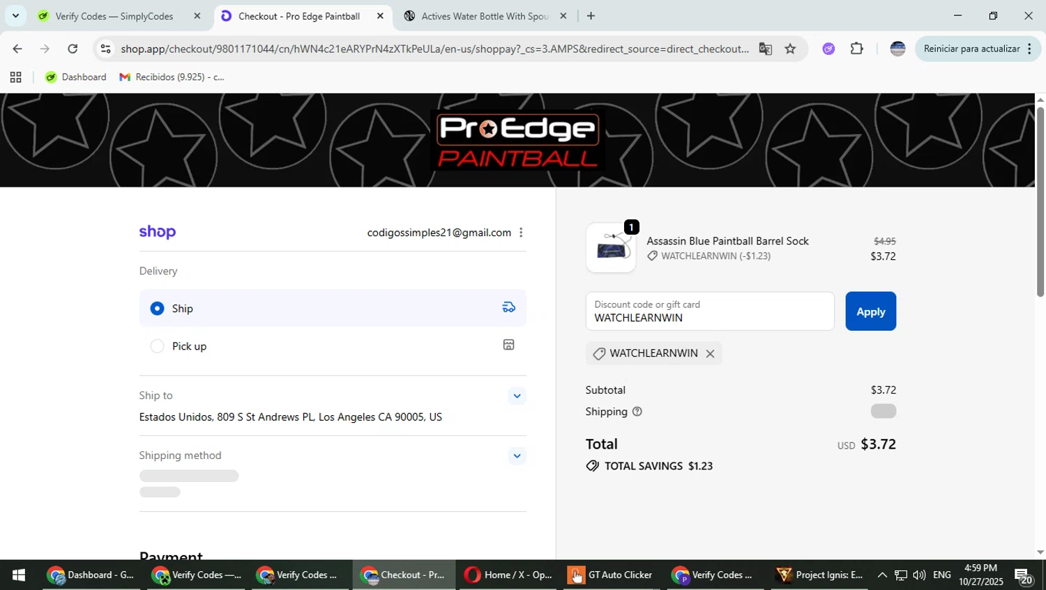 Pro Edge Paintball promo code screenshot showing code WATCHLEARNWIN applied at Pro Edge Paintball checkout page. Uploaded by SimplyCodes community member TrevorPhilips on Oct 27, 2025