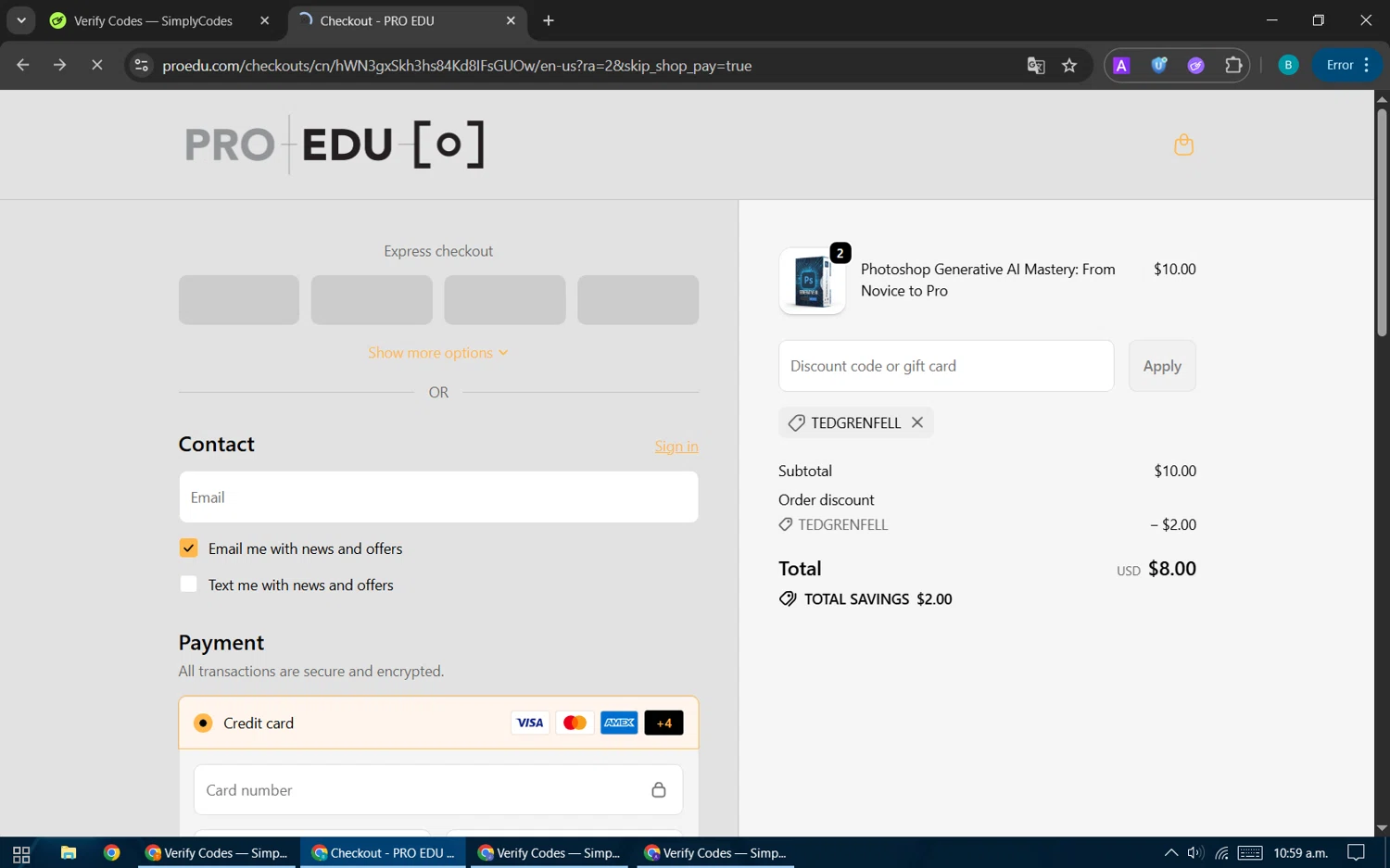 Pro Edu discount code screenshot showing code TEDGRENFELL applied at Pro Edu checkout page. Uploaded by SimplyCodes community member CleverPilot5845 on Oct 3, 2025