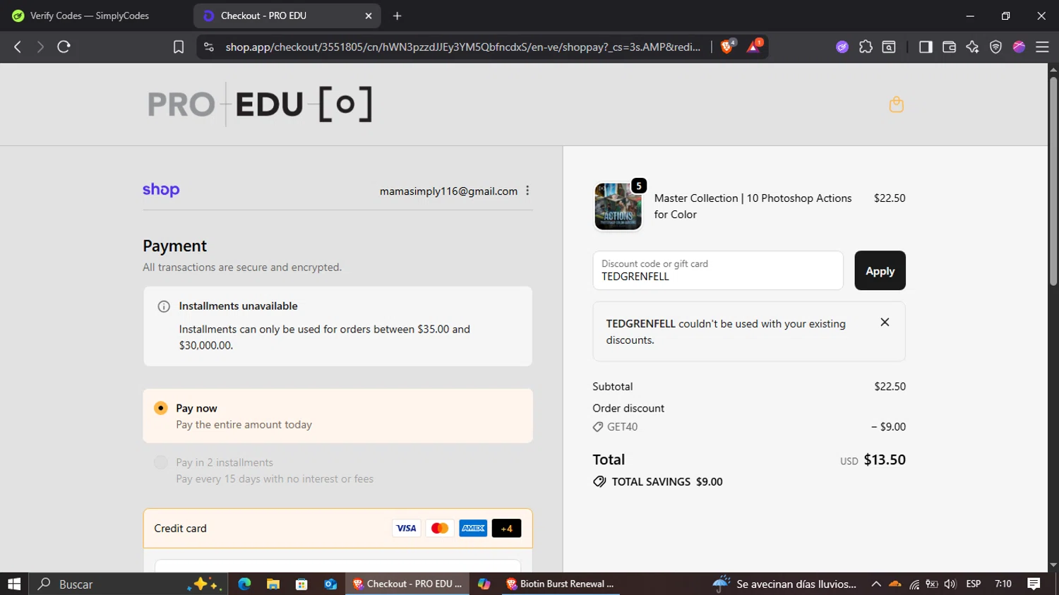 Pro Edu discount code screenshot showing code TEDGRENFELL applied at Pro Edu checkout page. Uploaded by SimplyCodes community member jairinho on Oct 7, 2025