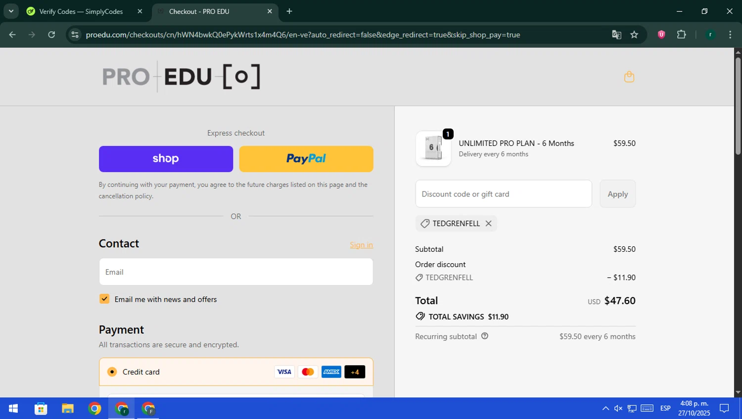 Pro Edu discount code screenshot showing code TEDGRENFELL applied at Pro Edu checkout page. Uploaded by SimplyCodes community member rodri1 on Oct 27, 2025