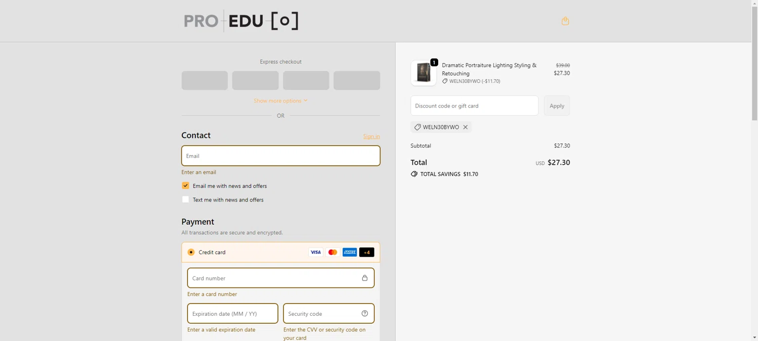 Pro Edu discount code screenshot showing code WELN30BYWO applied at Pro Edu checkout page. Uploaded by SimplyCodes community member CrownWhiz8114 on Oct 3, 2025