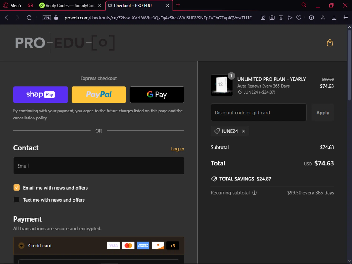 Pro Edu discount code screenshot showing code JUNE24 applied at Pro Edu checkout page. Uploaded by SimplyCodes community member LegendaryFox9861 on Dec 27, 2024