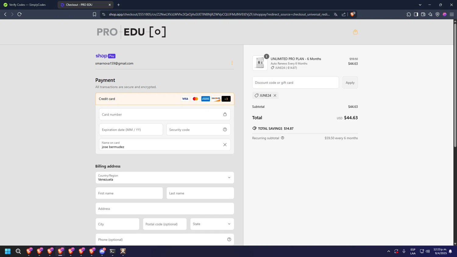 Pro Edu discount code screenshot showing code JUNE24 applied at Pro Edu checkout page. Uploaded by SimplyCodes community member diossanto0421 on Apr 9, 2025