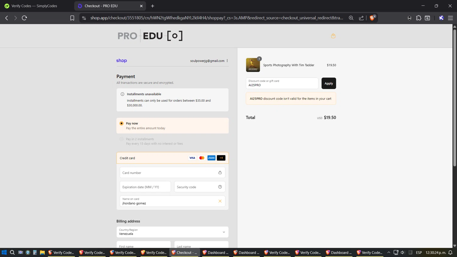 Pro Edu discount code screenshot showing code AI25PRO applied at Pro Edu checkout page. Uploaded by SimplyCodes community member SoulPower on Sep 12, 2025