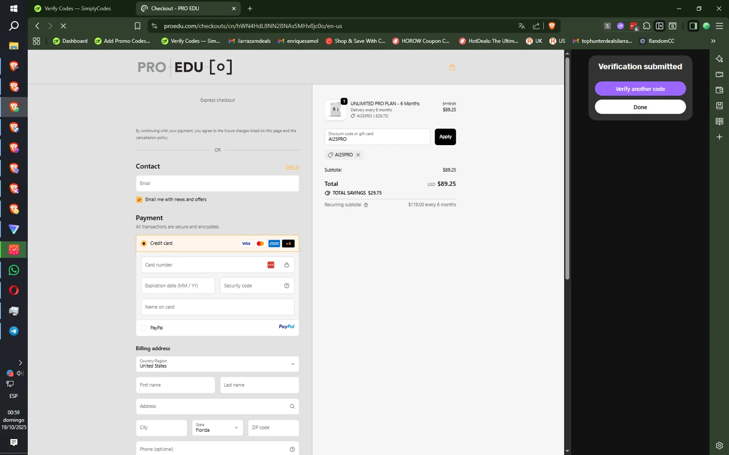 Pro Edu discount code screenshot showing code AI25PRO applied at Pro Edu checkout page. Uploaded by SimplyCodes community member SilentNova8472 on Oct 19, 2025
