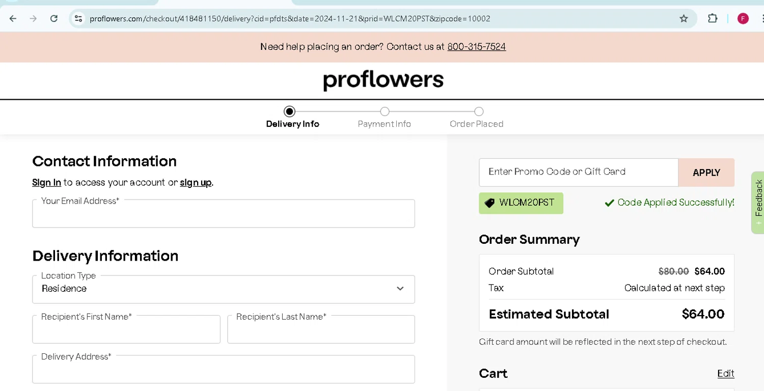 where to use ProFlowers promo code box