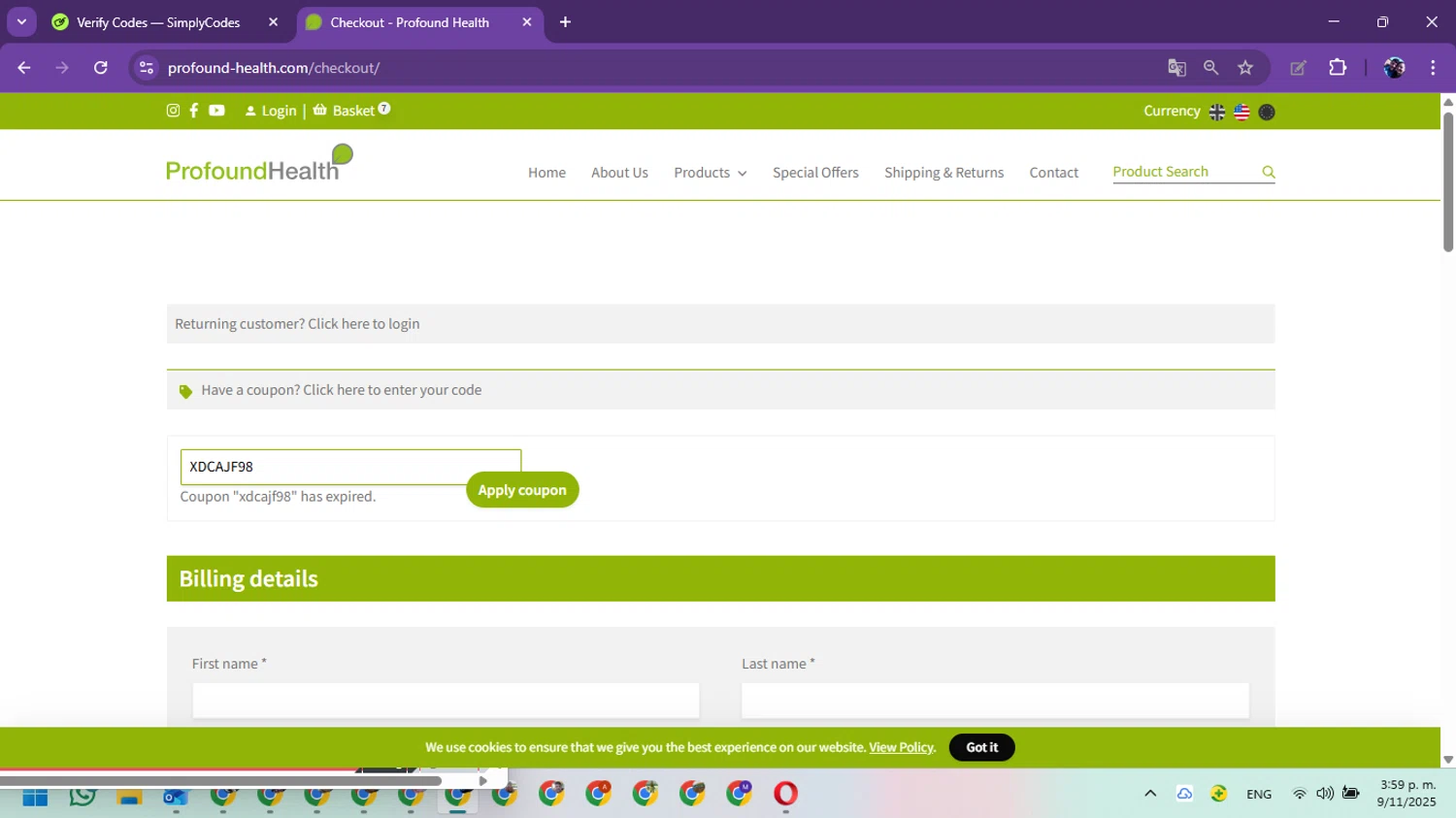 Profound Health coupon code screenshot showing code XDCAJF98 applied at Profound Health checkout page. Uploaded by SimplyCodes community member Marielis on Nov 9, 2025