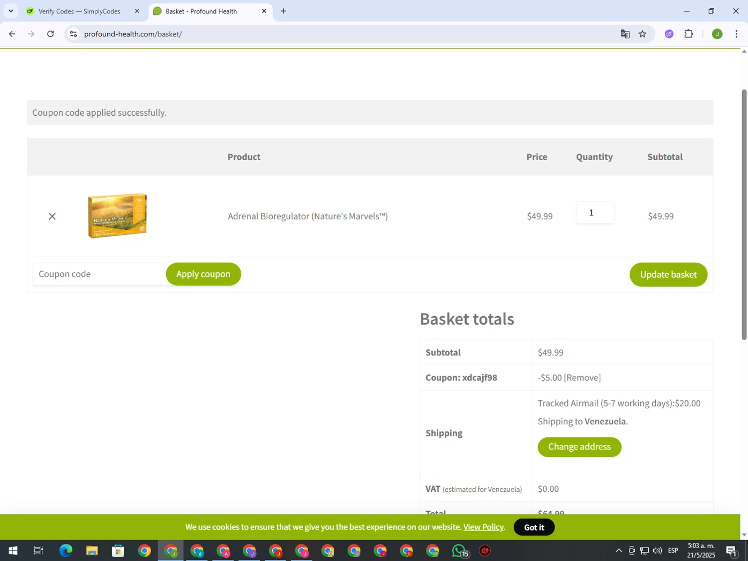 Profound Health coupon code screenshot showing code XDCAJF98 applied at Profound Health checkout page. Uploaded by SimplyCodes community member MightyFinder1041 on May 21, 2025