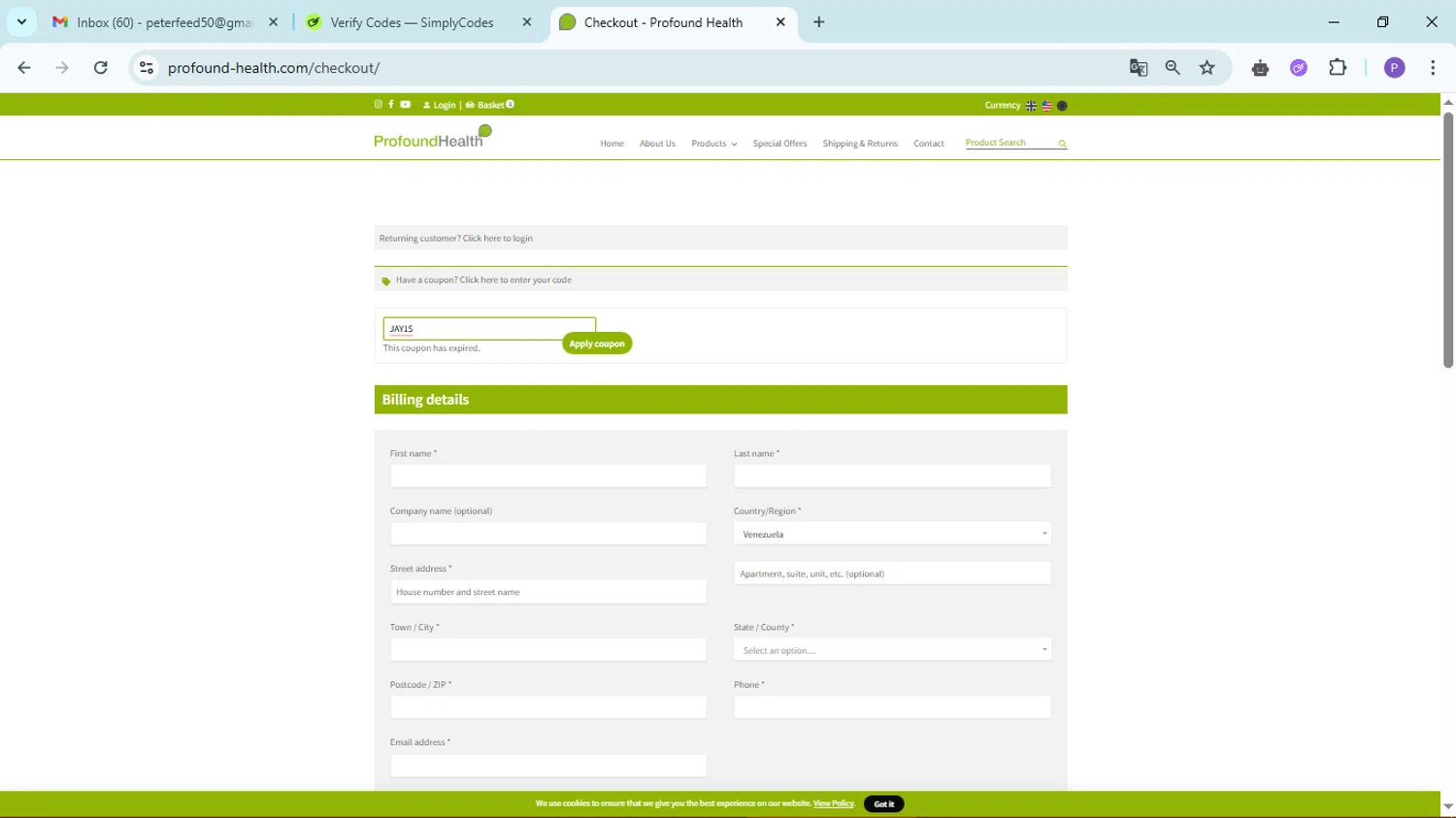 Profound Health coupon code screenshot showing code JAY15 applied at Profound Health checkout page. Uploaded by SimplyCodes community member FortunateLion8466 on May 7, 2025