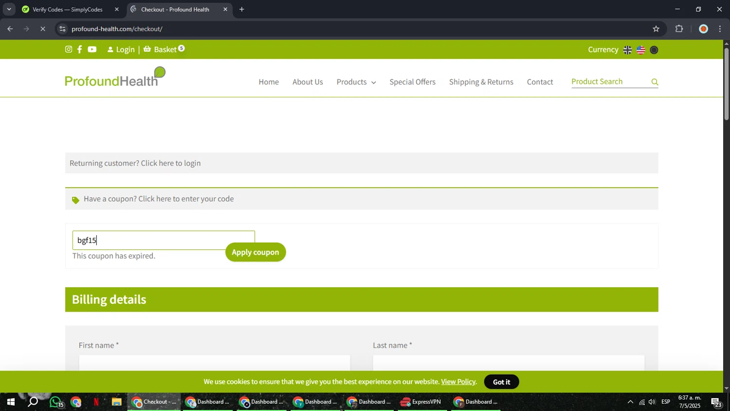 Profound Health coupon code screenshot showing code bgf15 applied at Profound Health checkout page. Uploaded by SimplyCodes community member BonusCaptain9927 on May 7, 2025