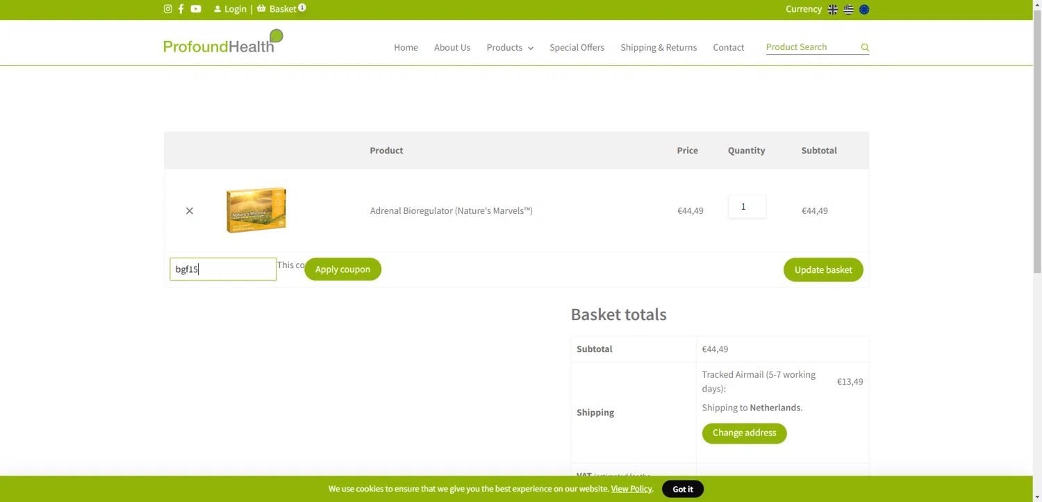 Profound Health coupon code screenshot showing code bgf15 applied at Profound Health checkout page. Uploaded by SimplyCodes community member SilverChaser3269 on May 7, 2025