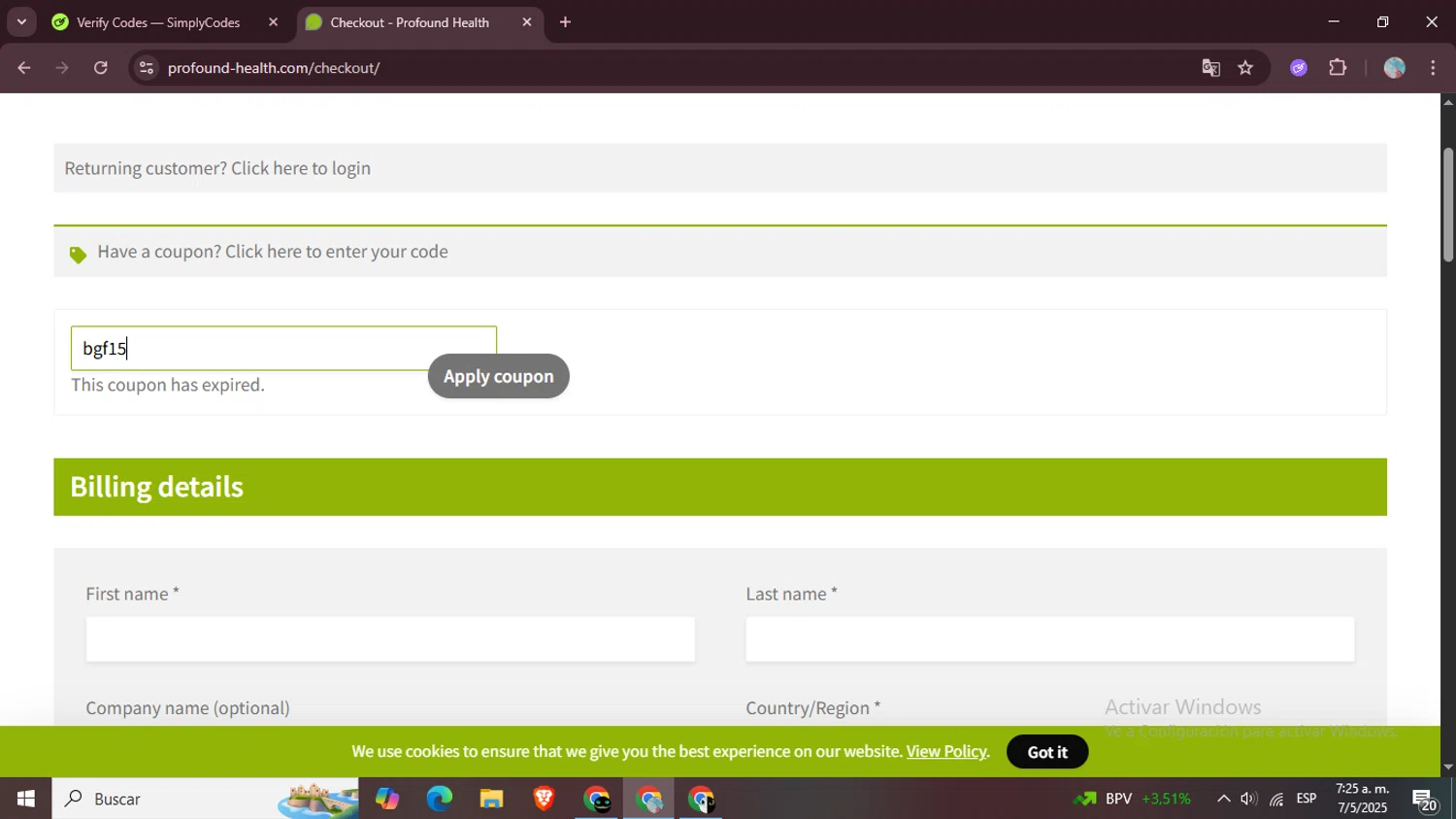 Profound Health coupon code screenshot showing code bgf15 applied at Profound Health checkout page. Uploaded by SimplyCodes community member LegendaryPro7106 on May 7, 2025