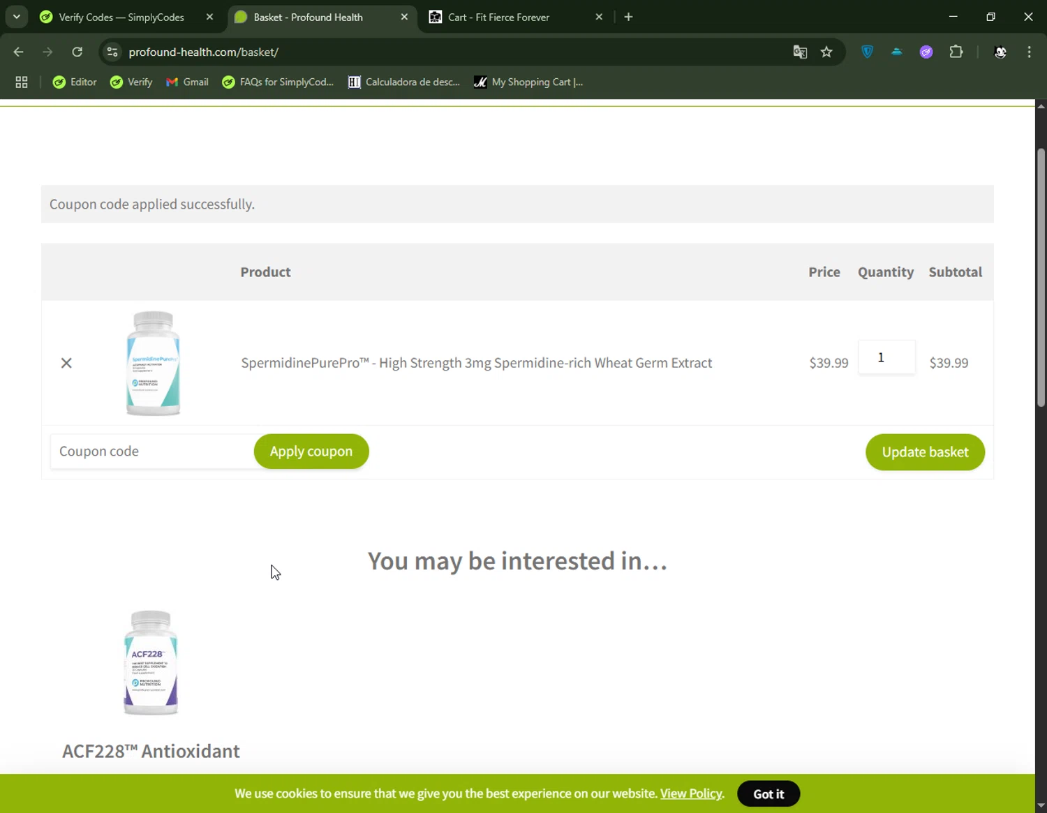 Profound Health checkout page showing Profound Health coupon code box | Screenshot taken by SimplyCodes community member on Jun 18, 2025