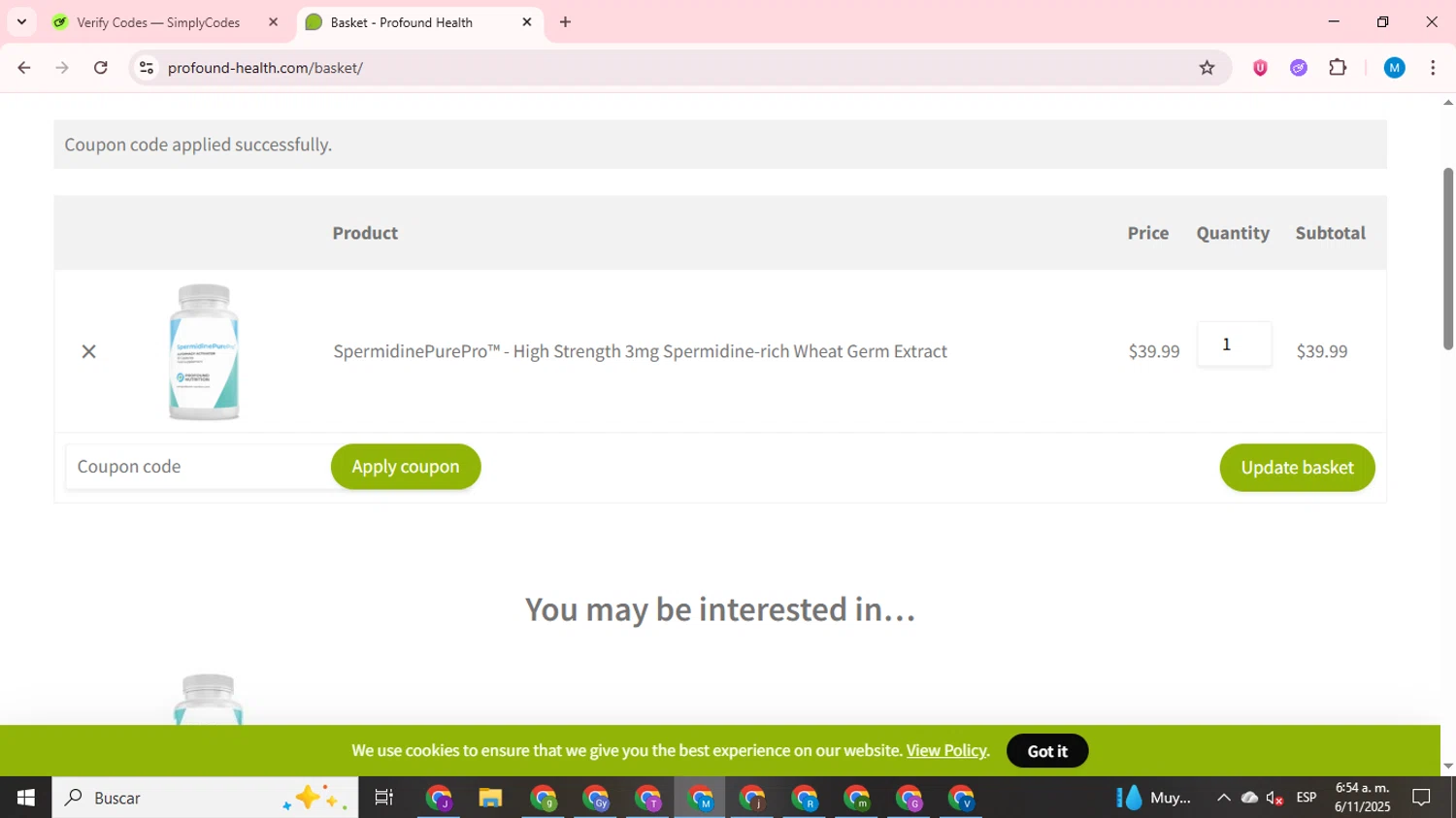 Profound Health coupon code screenshot showing code Nat15 applied at Profound Health checkout page. Uploaded by SimplyCodes community member LegendaryCurator1585 on Nov 6, 2025