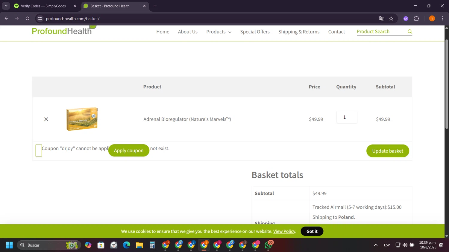 Profound Health coupon code screenshot showing code DRJOY applied at Profound Health checkout page. Uploaded by SimplyCodes community member SilverSentinel5952 on Aug 11, 2025