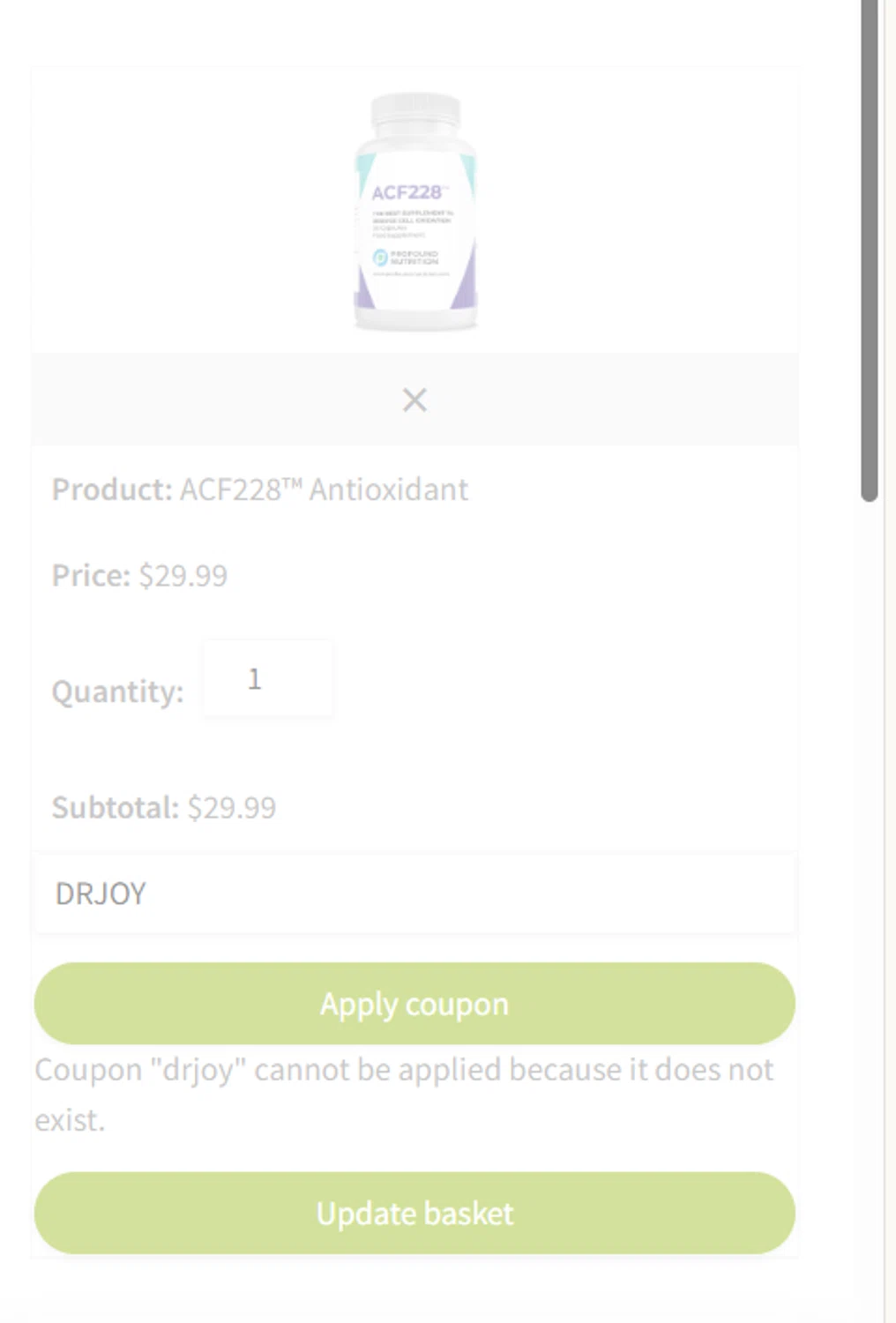 Profound Health coupon code screenshot showing code DRJOY applied at Profound Health checkout page. Uploaded by SimplyCodes community member VayneChambeadora on Aug 11, 2025