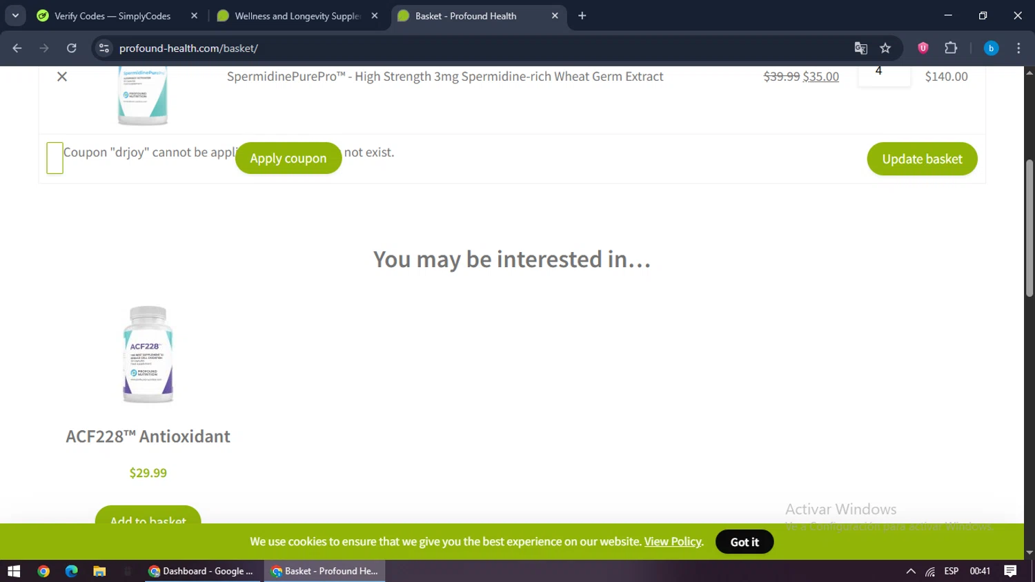 Profound Health coupon code screenshot showing code DRJOY applied at Profound Health checkout page. Uploaded by SimplyCodes community member bilijr on Aug 11, 2025