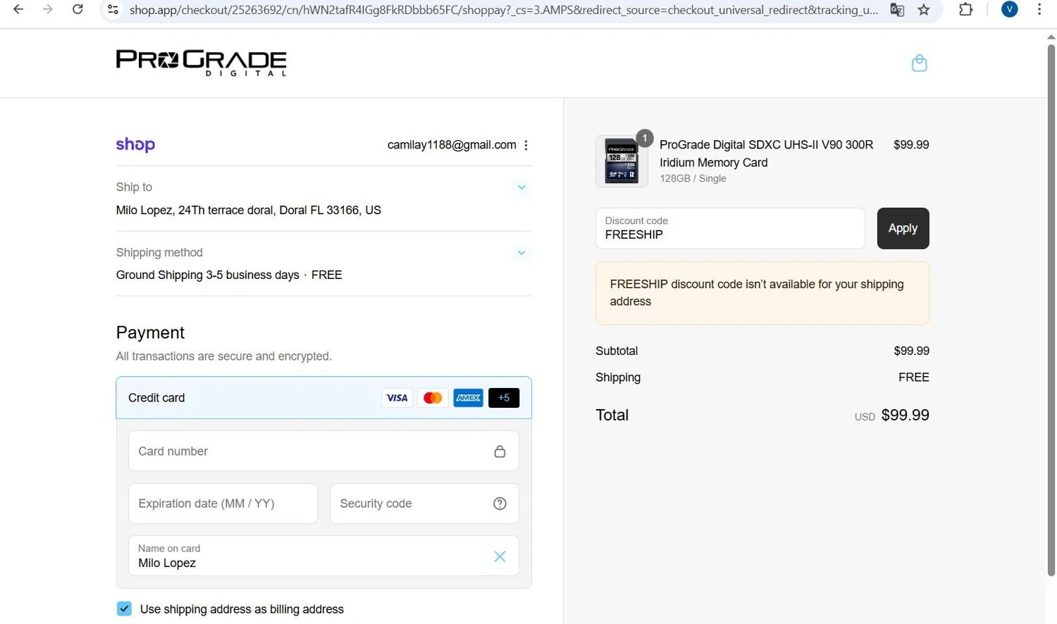 ProGrade Digital discount code screenshot showing code FREESHIP applied at ProGrade Digital checkout page. Uploaded by SimplyCodes community member monicyell on Sep 12, 2025