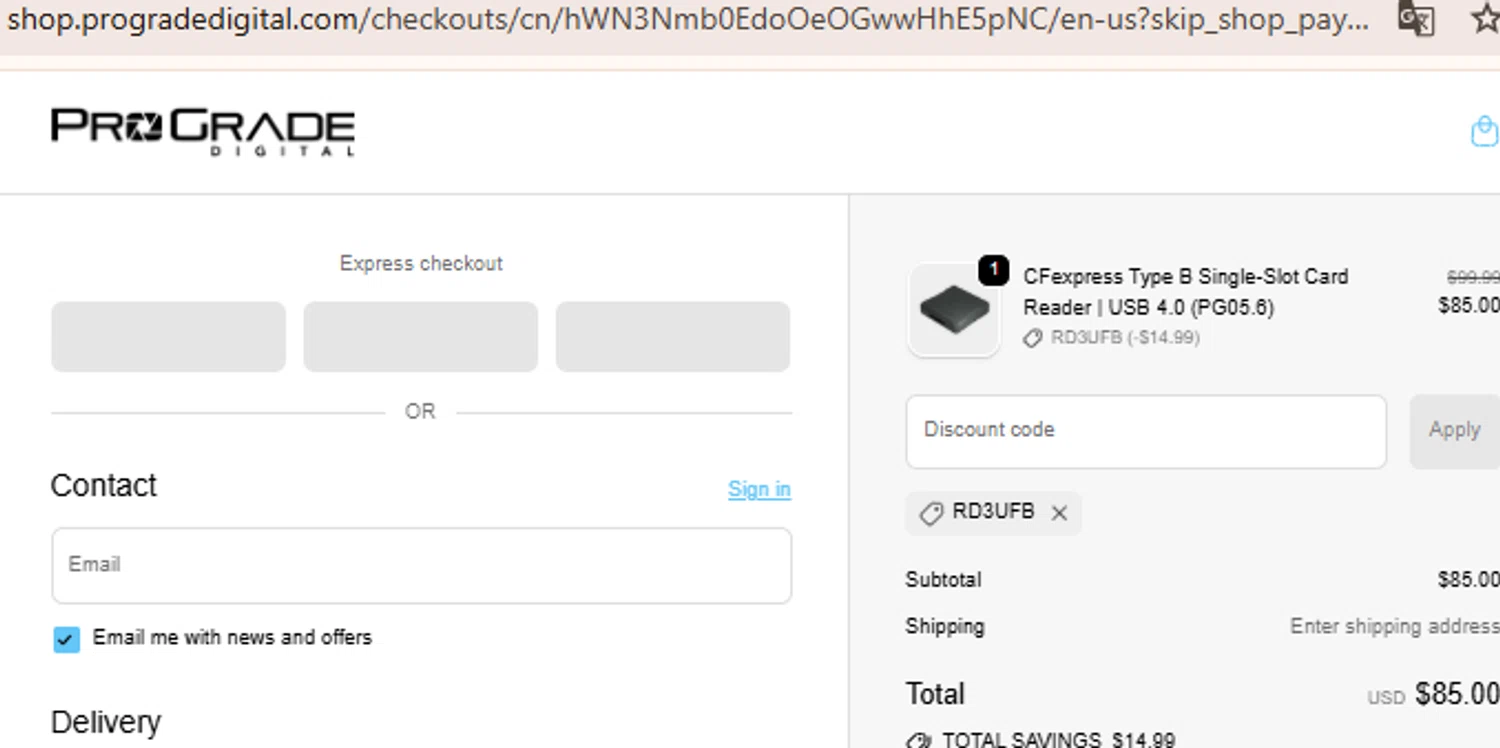 ProGrade Digital discount code screenshot showing code RD3UFB applied at ProGrade Digital checkout page. Uploaded by SimplyCodes community member BudgetLion5814 on Sep 25, 2025