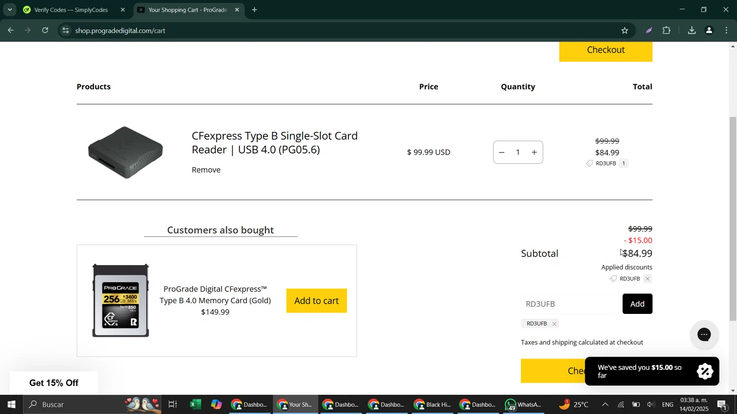 ProGrade Digital discount code screenshot showing code RD3UFB applied at ProGrade Digital checkout page. Uploaded by SimplyCodes community member GoldAdmiral5202 on Feb 14, 2025