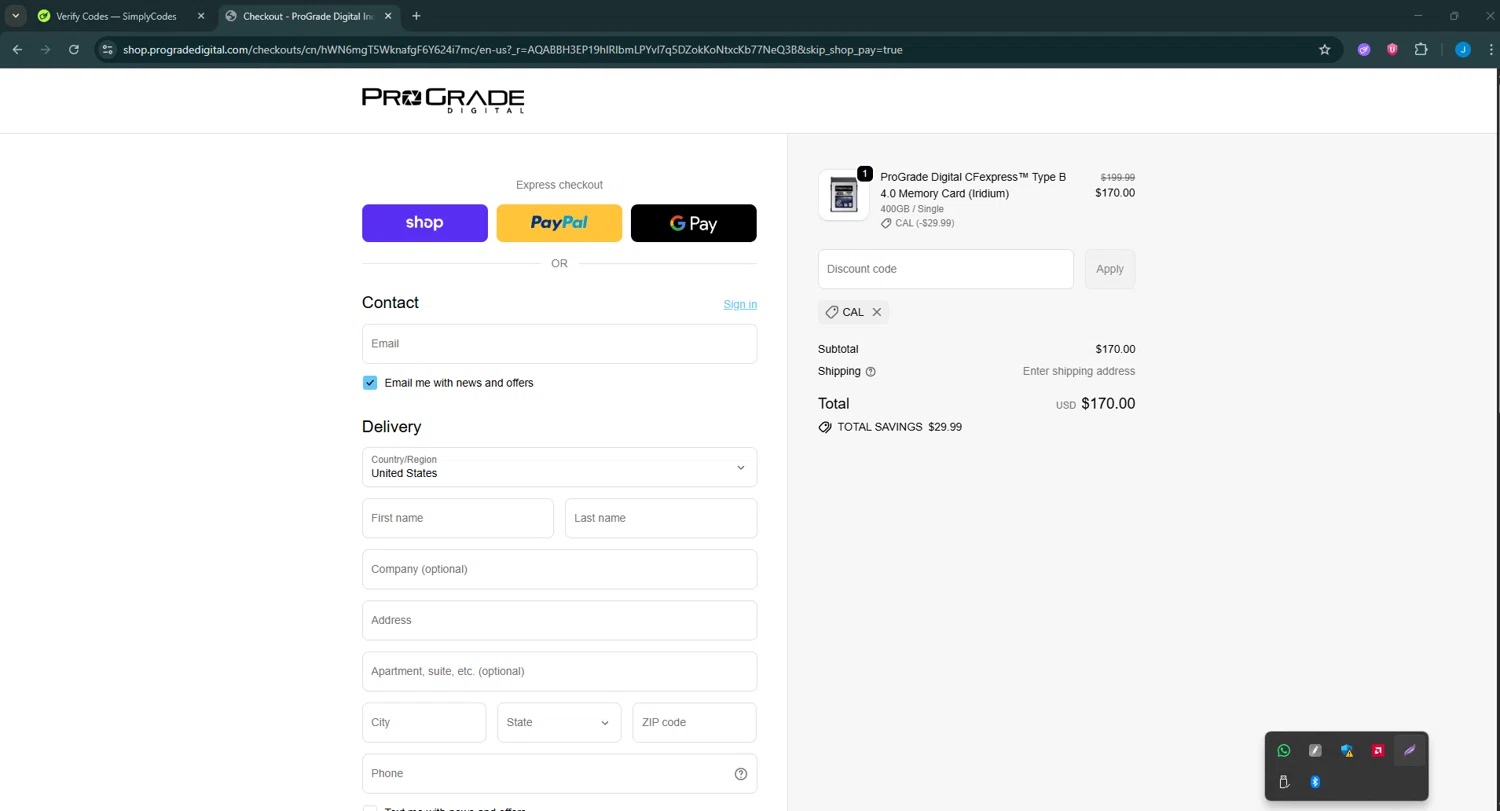 ProGrade Digital discount code screenshot showing code CAL applied at ProGrade Digital checkout page. Uploaded by SimplyCodes community member BargainGuardian280 on Dec 24, 2025