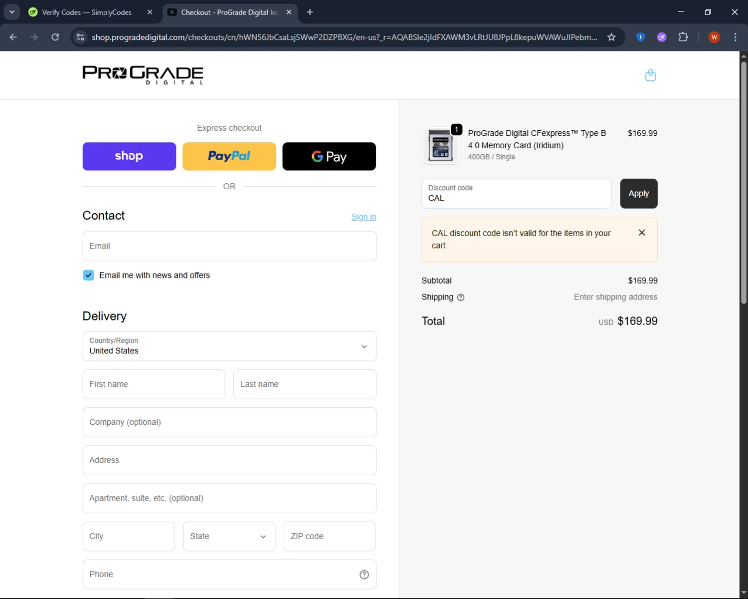 ProGrade Digital discount code screenshot showing code CAL applied at ProGrade Digital checkout page. Uploaded by SimplyCodes community member CashPro9699 on Nov 9, 2025