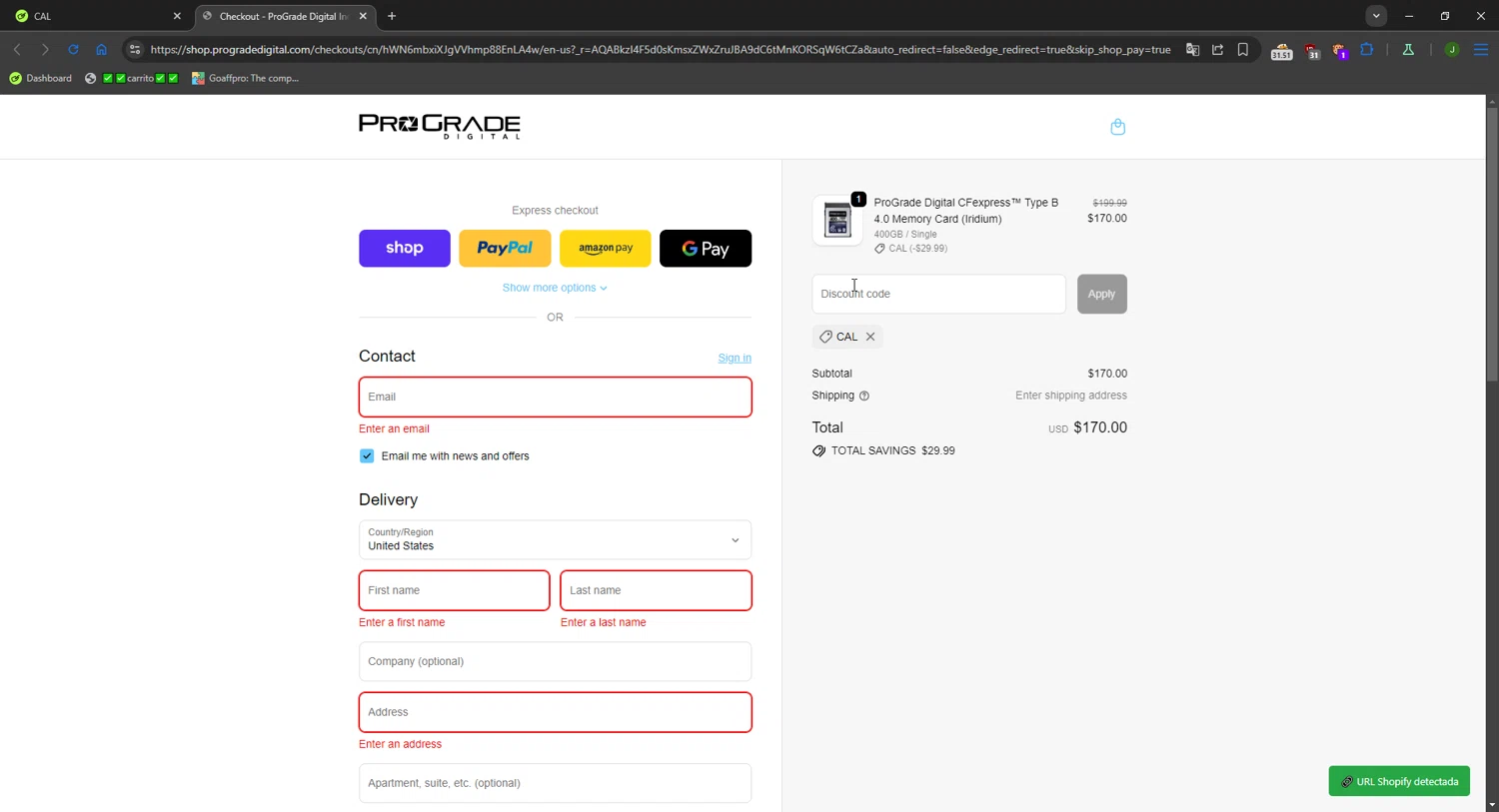 ProGrade Digital discount code screenshot showing code CAL applied at ProGrade Digital checkout page. Uploaded by SimplyCodes community member FortunateWizard717 on Dec 24, 2025
