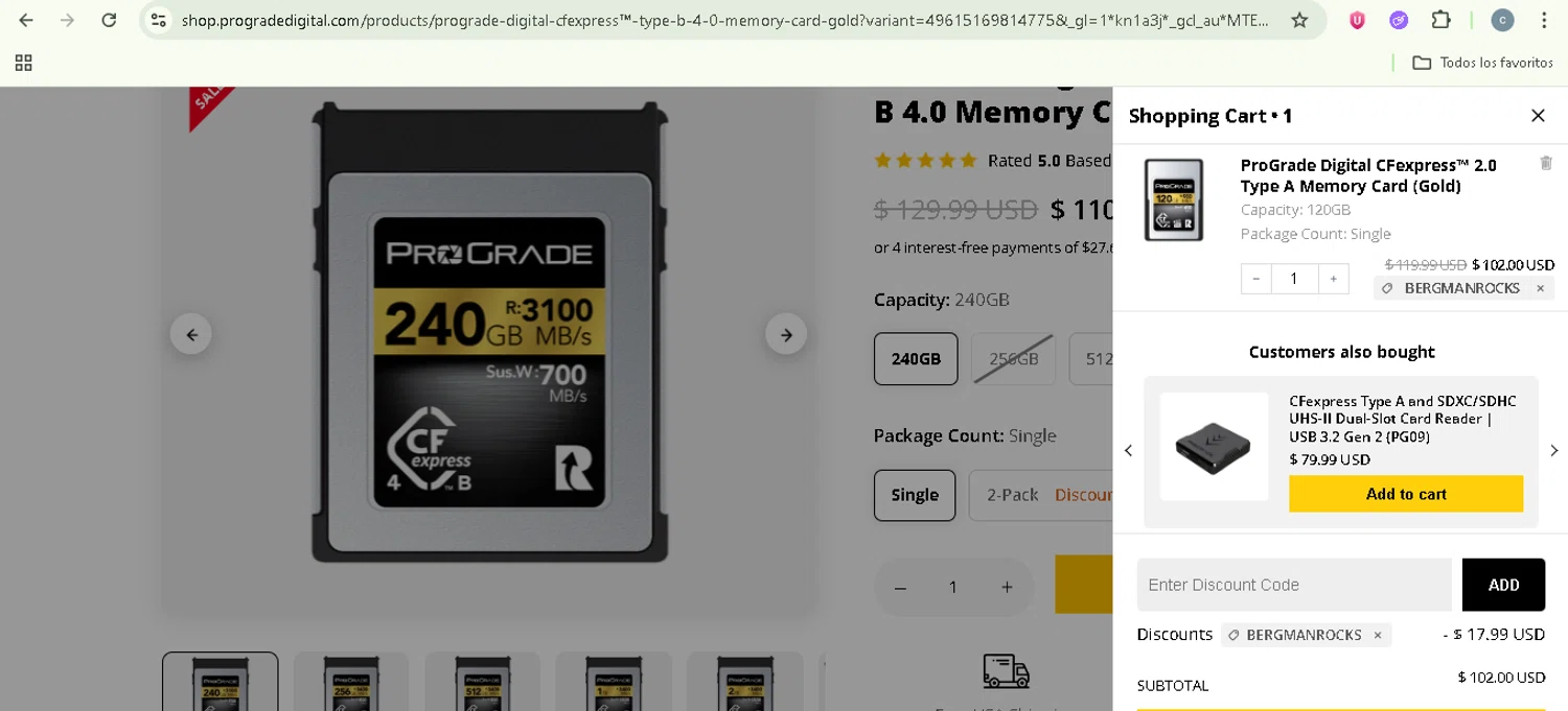 ProGrade Digital discount code screenshot showing code BERGMANROCKS applied at ProGrade Digital checkout page. Uploaded by SimplyCodes community member NobleSentinel8535 on Jun 22, 2025