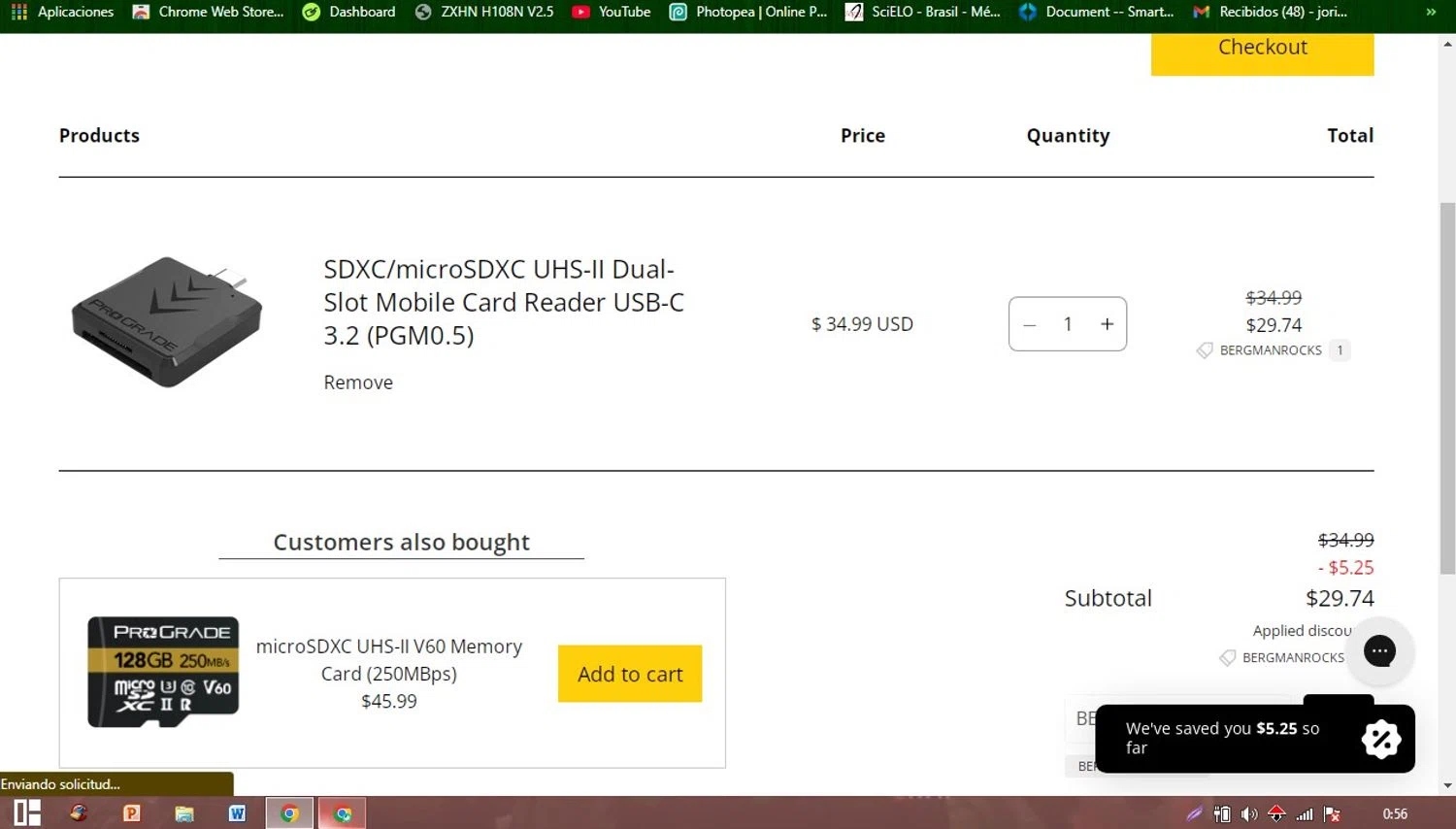 ProGrade Digital discount code screenshot showing code BERGMANROCKS applied at ProGrade Digital checkout page. Uploaded by SimplyCodes community member Patobel on Mar 25, 2025