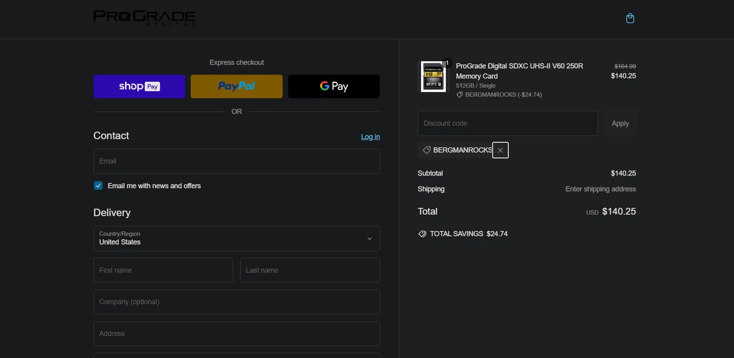 ProGrade Digital discount code screenshot showing code BERGMANROCKS applied at ProGrade Digital checkout page. Uploaded by SimplyCodes community member Ray_YNN on Feb 18, 2025