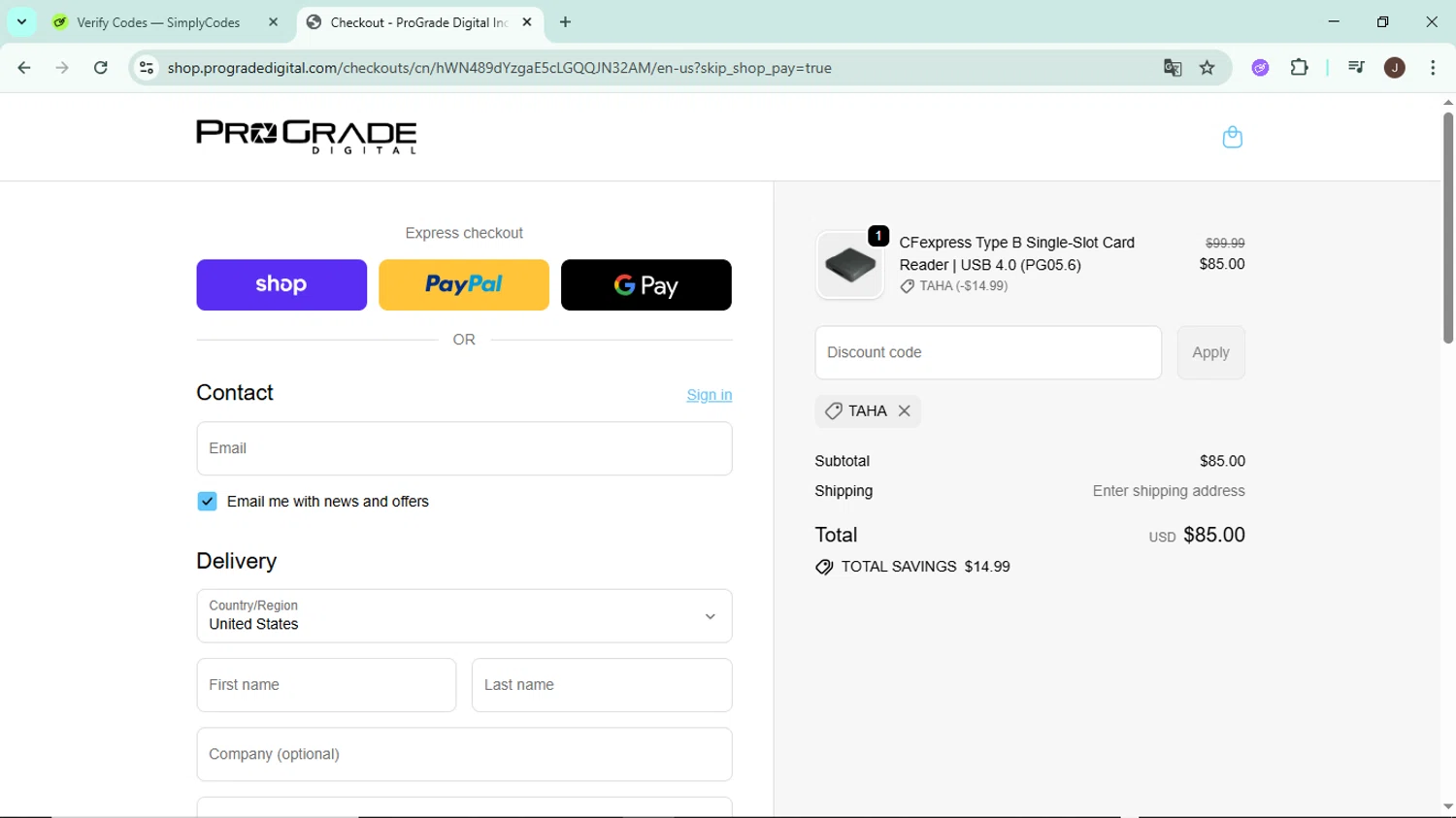 ProGrade Digital discount code screenshot showing code TAHA applied at ProGrade Digital checkout page. Uploaded by SimplyCodes community member LegendaryAce8627 on Oct 15, 2025