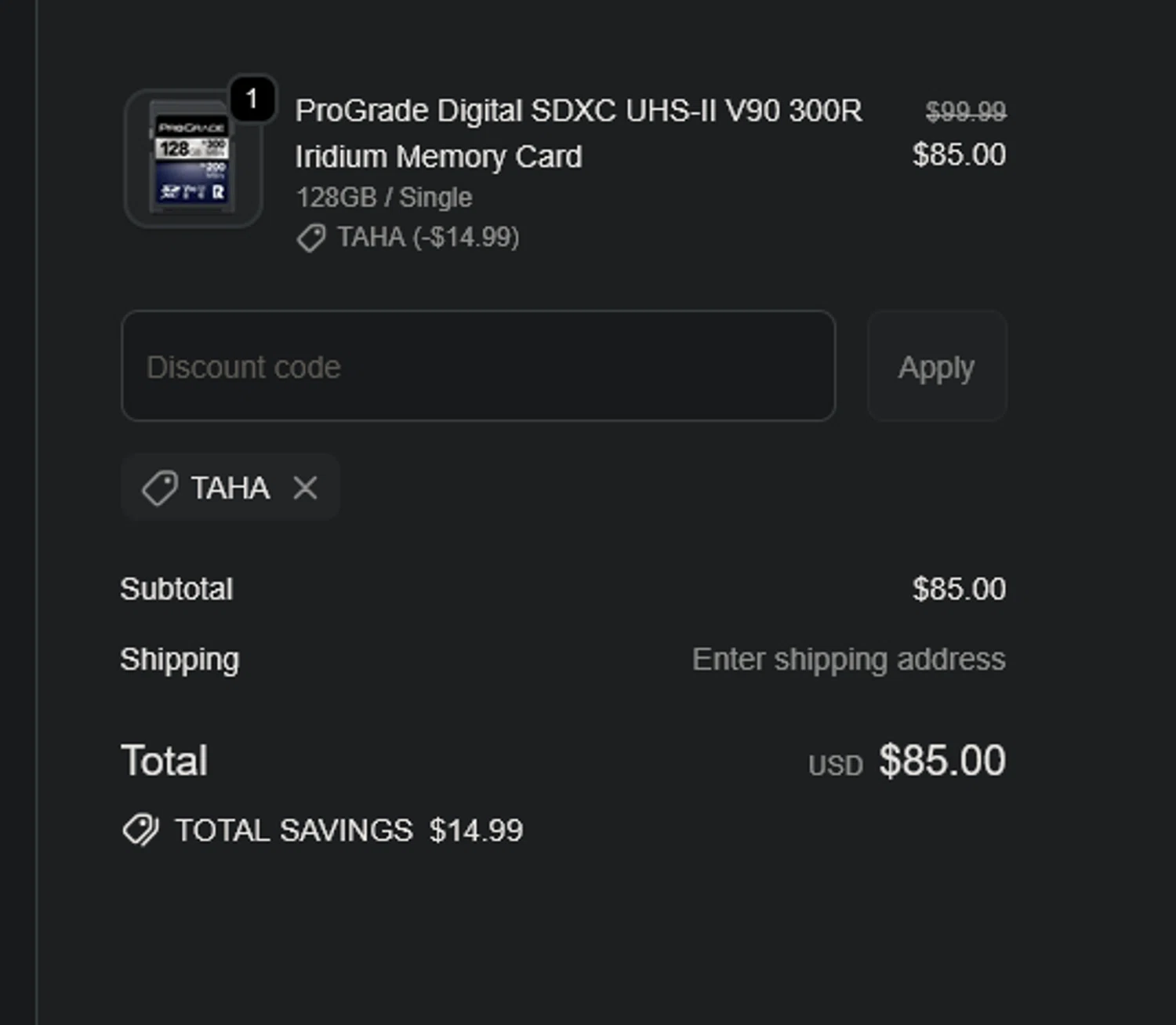ProGrade Digital discount code screenshot showing code TAHA applied at ProGrade Digital checkout page. Uploaded by SimplyCodes community member xocelot44x on Sep 25, 2025