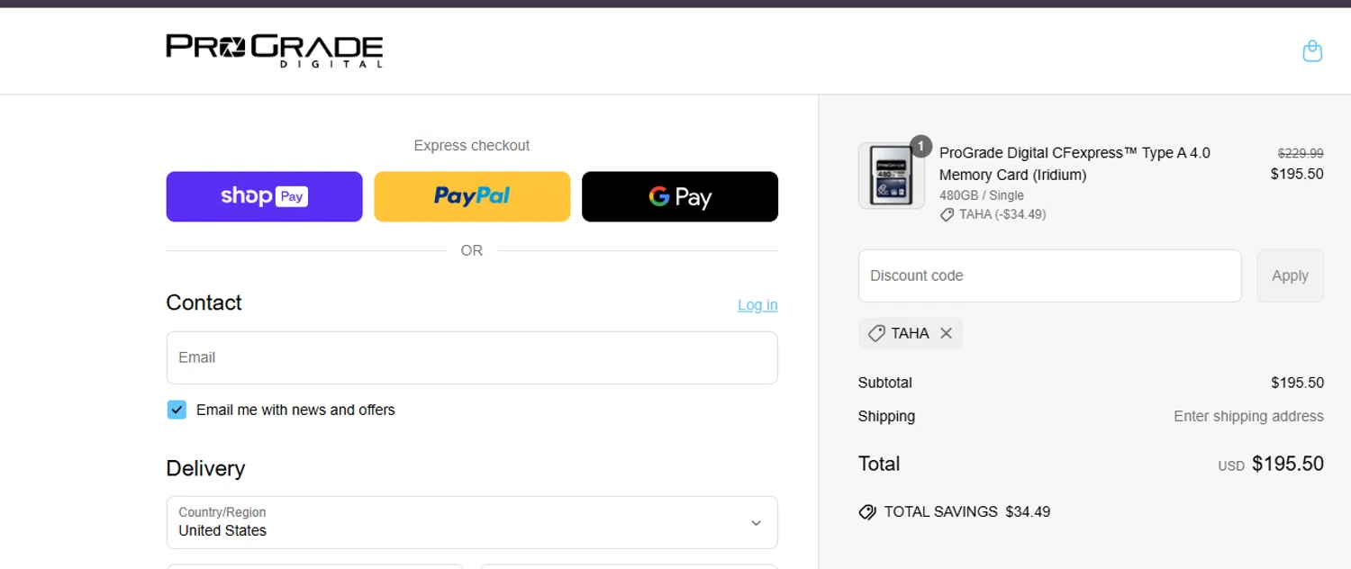 ProGrade Digital discount code screenshot showing code TAHA applied at ProGrade Digital checkout page. Uploaded by SimplyCodes community member ashe1986 on May 12, 2025