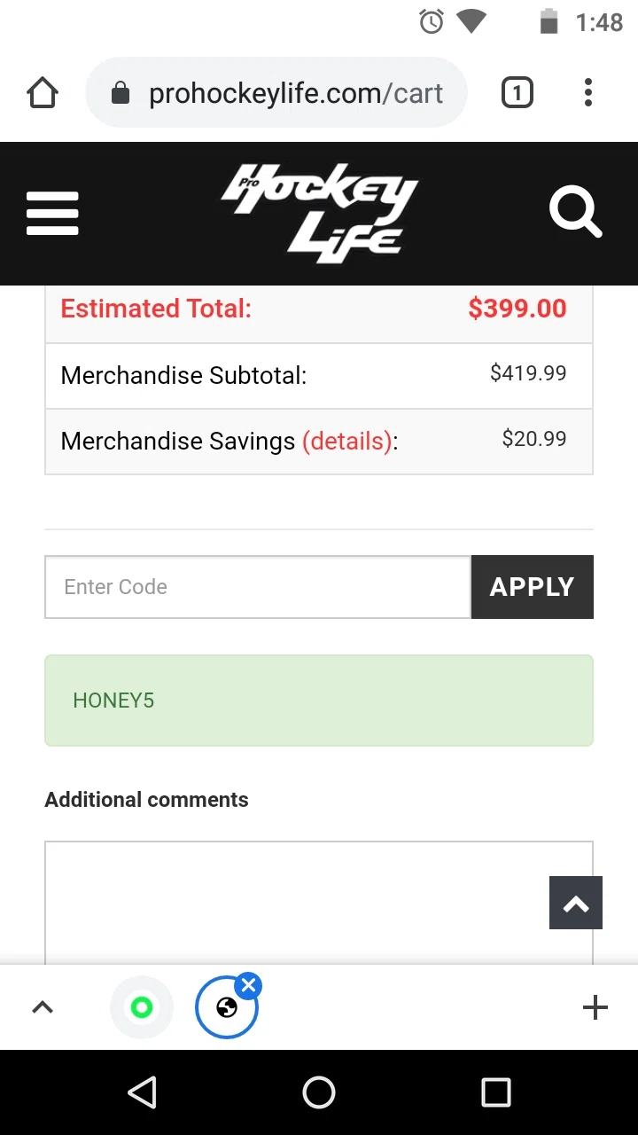 Pro Hockey Life checkout page showing Pro Hockey Life promo code box | Screenshot taken by SimplyCodes community member on Apr 23, 2021