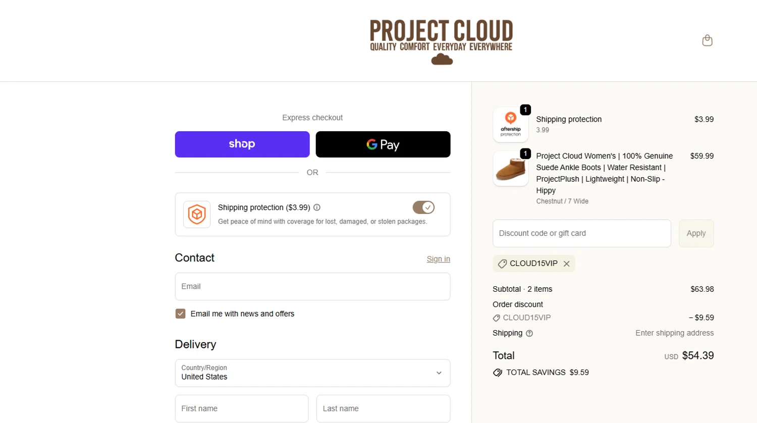 Project Cloud promo code screenshot showing code CLOUD15VIP applied at Project Cloud checkout page. Uploaded by SimplyCodes community member Billyyou on Dec 23, 2025