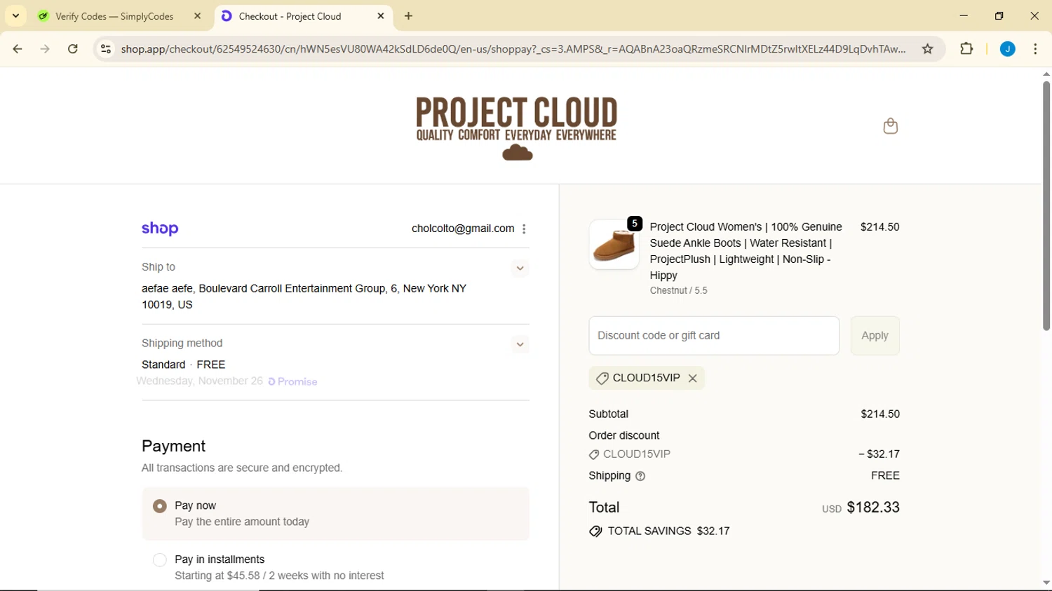 Project Cloud promo code screenshot showing code CLOUD15VIP applied at Project Cloud checkout page. Uploaded by SimplyCodes community member Luisitoxd12 on Nov 24, 2025