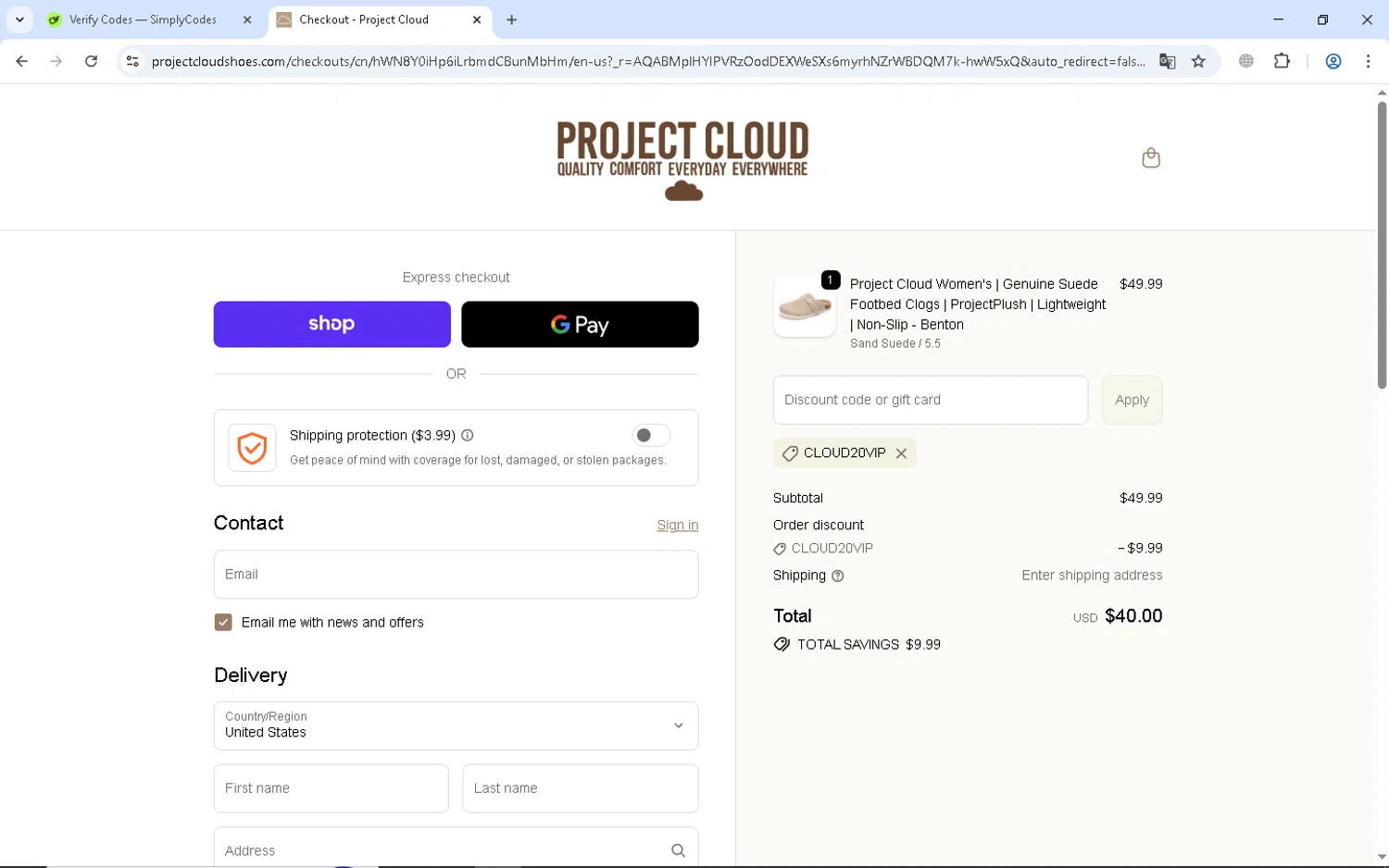 Project Cloud checkout page showing Project Cloud promo code box | Screenshot taken by SimplyCodes community member on Feb 8, 2026